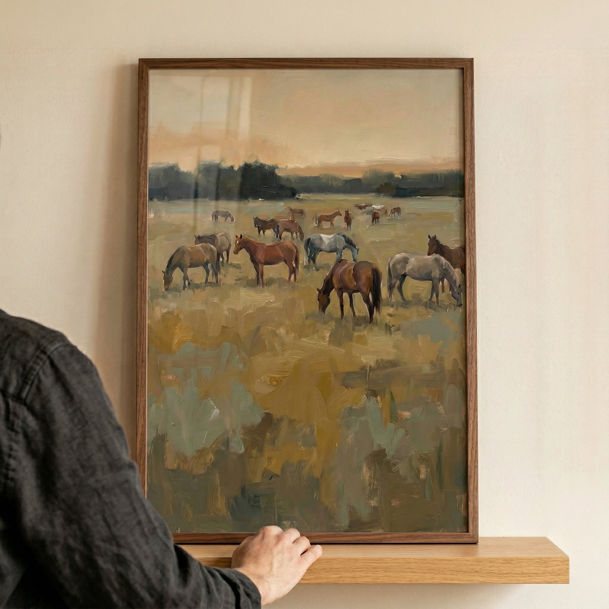 Earthy Tones Grazing Horses Wall Art - Golden Hour Pasture
