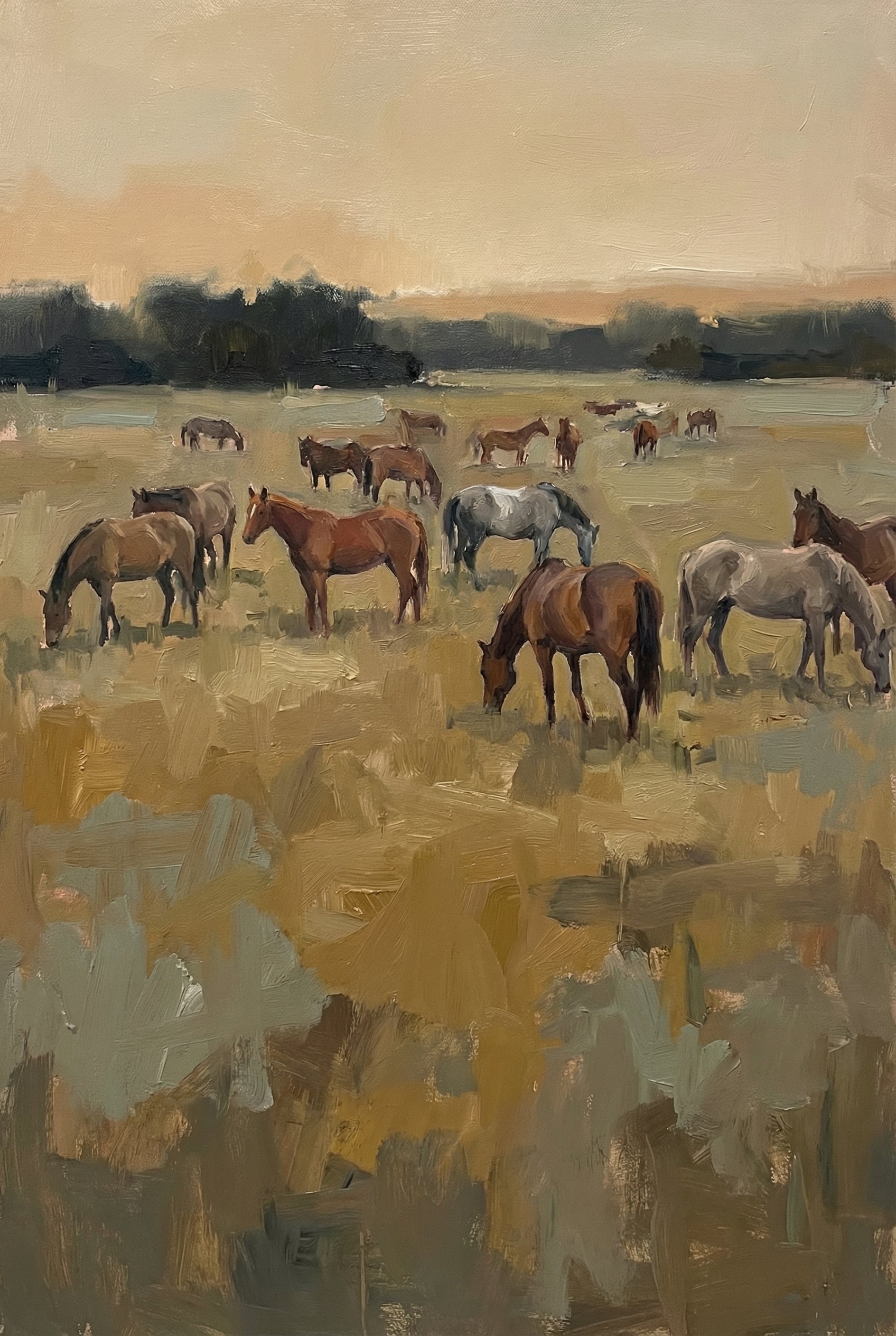 Earthy Tones Grazing Horses Wall Art - Golden Hour Pasture