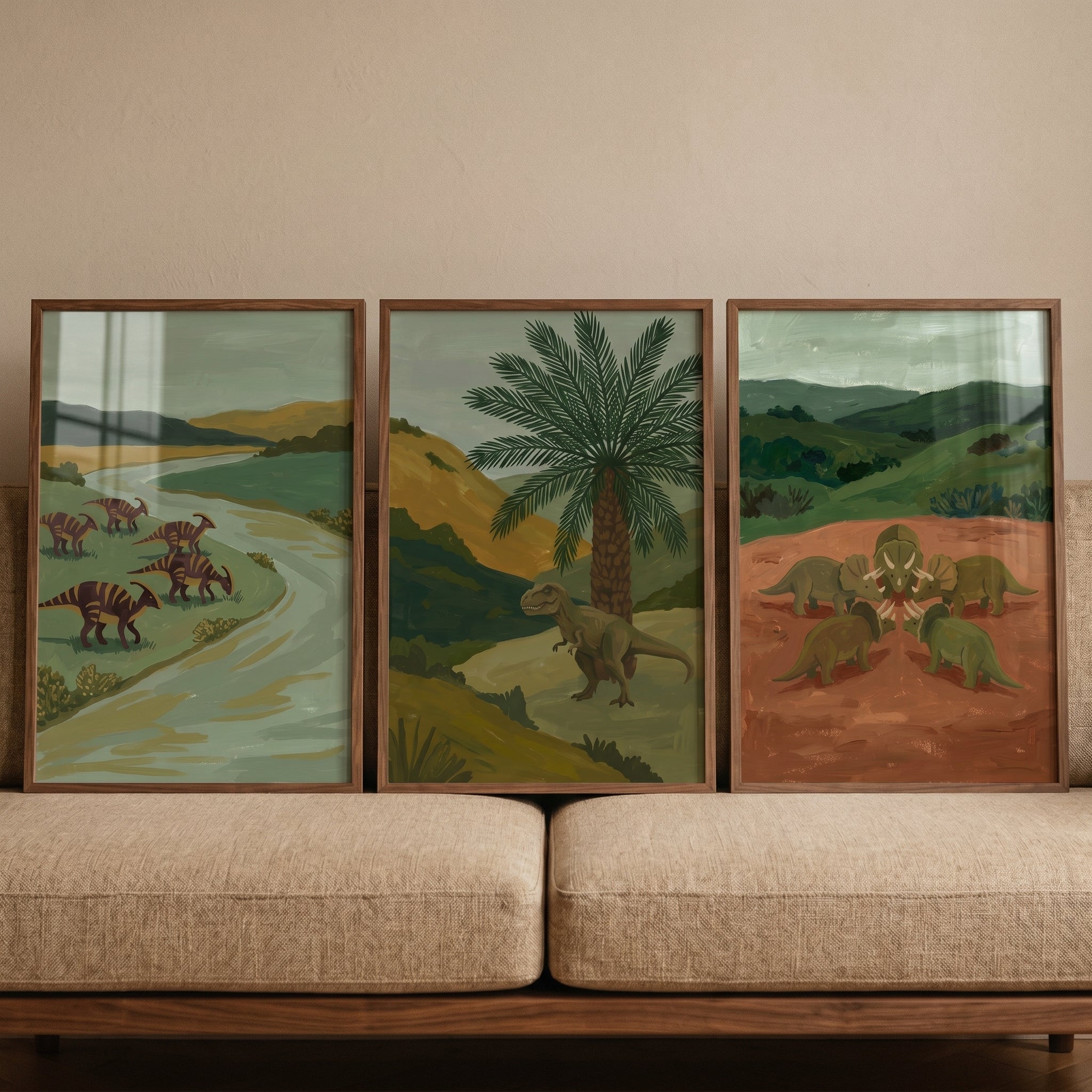 Earthy Tones Landscape Dinosaur Wall Art Set of 3 - Ancient Earth Landscapes