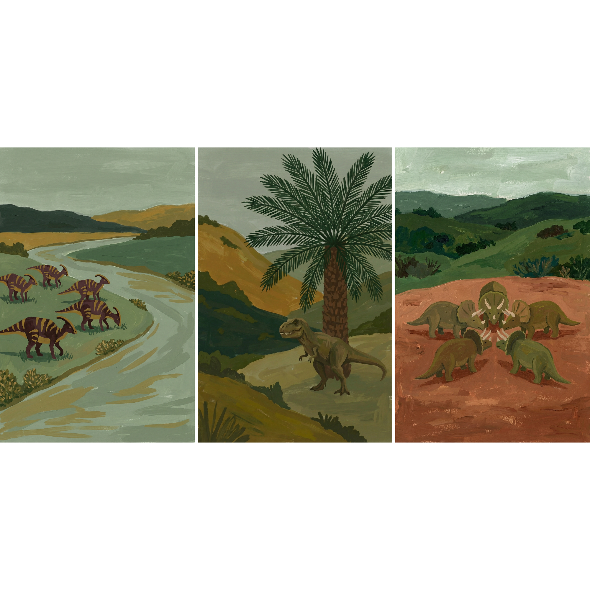 Earthy Tones Landscape Dinosaur Wall Art Set of 3 - Ancient Earth Landscapes
