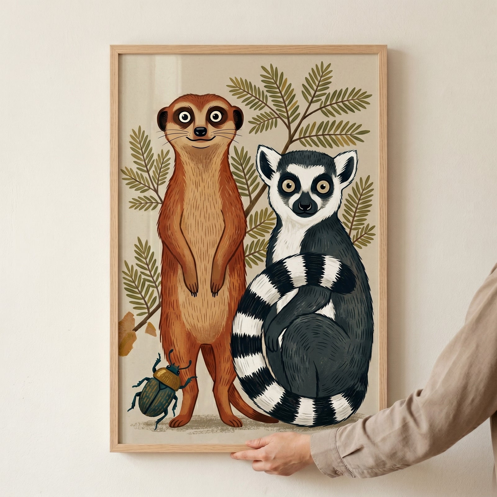 Earthy tones lemur meerkat animals wall art with a standing meerkat, a ring-tailed lemur, and a beetle.
