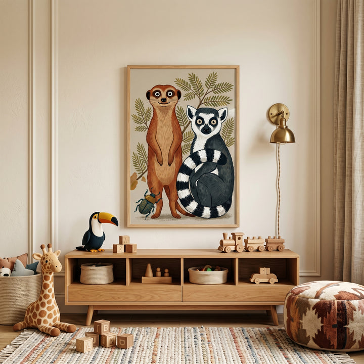 Earthy tones lemur meerkat animals wall art above a wooden toy shelf, animal plushies, and a woven rug in a nursery.