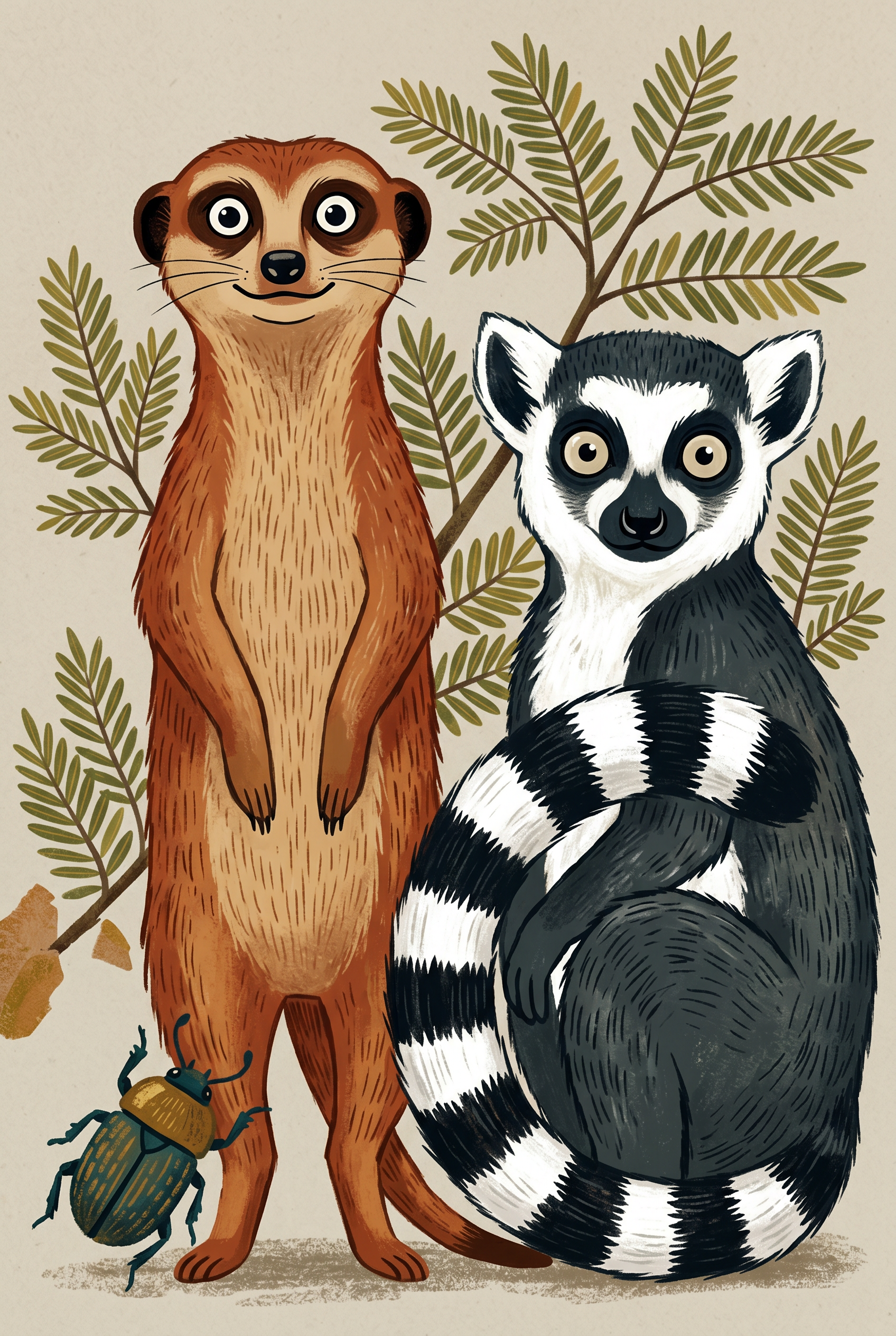 Earthy Tones Lemur Meerkat Animals Wall Art - Whimsical Wild Trio