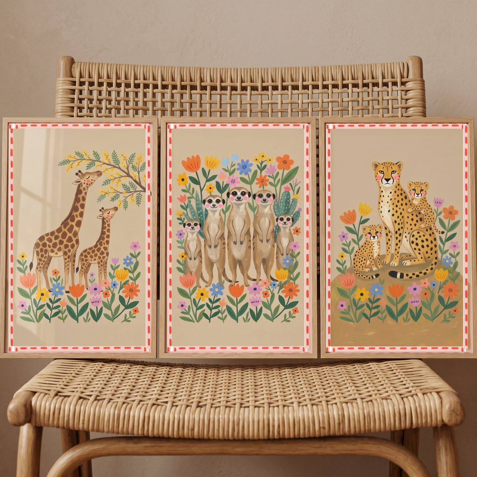 Earthy tones safari animals wall art set of 3 featuring giraffes, meerkats, and cheetahs amidst colorful flowers.
