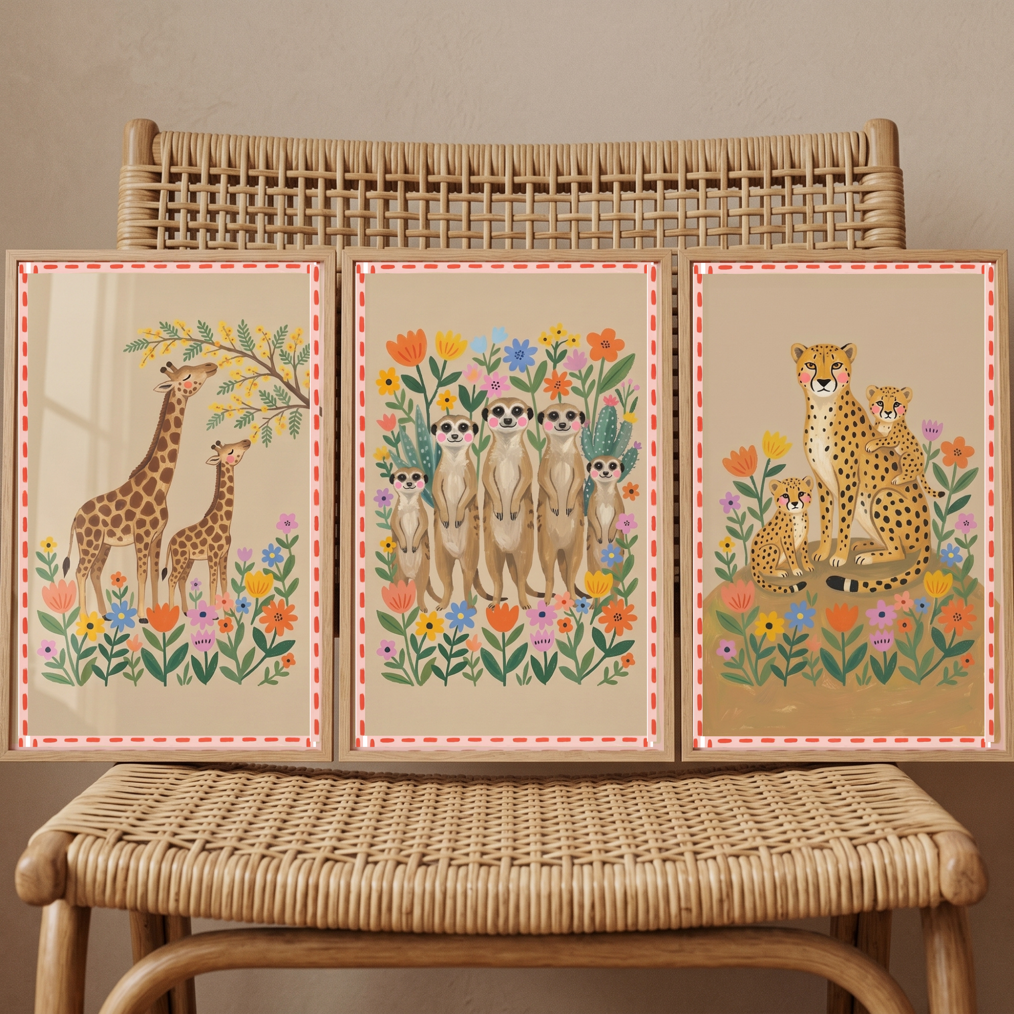 Earthy Tones Safari Animals Wall Art Set Of 3 - Safari Meadow Friends