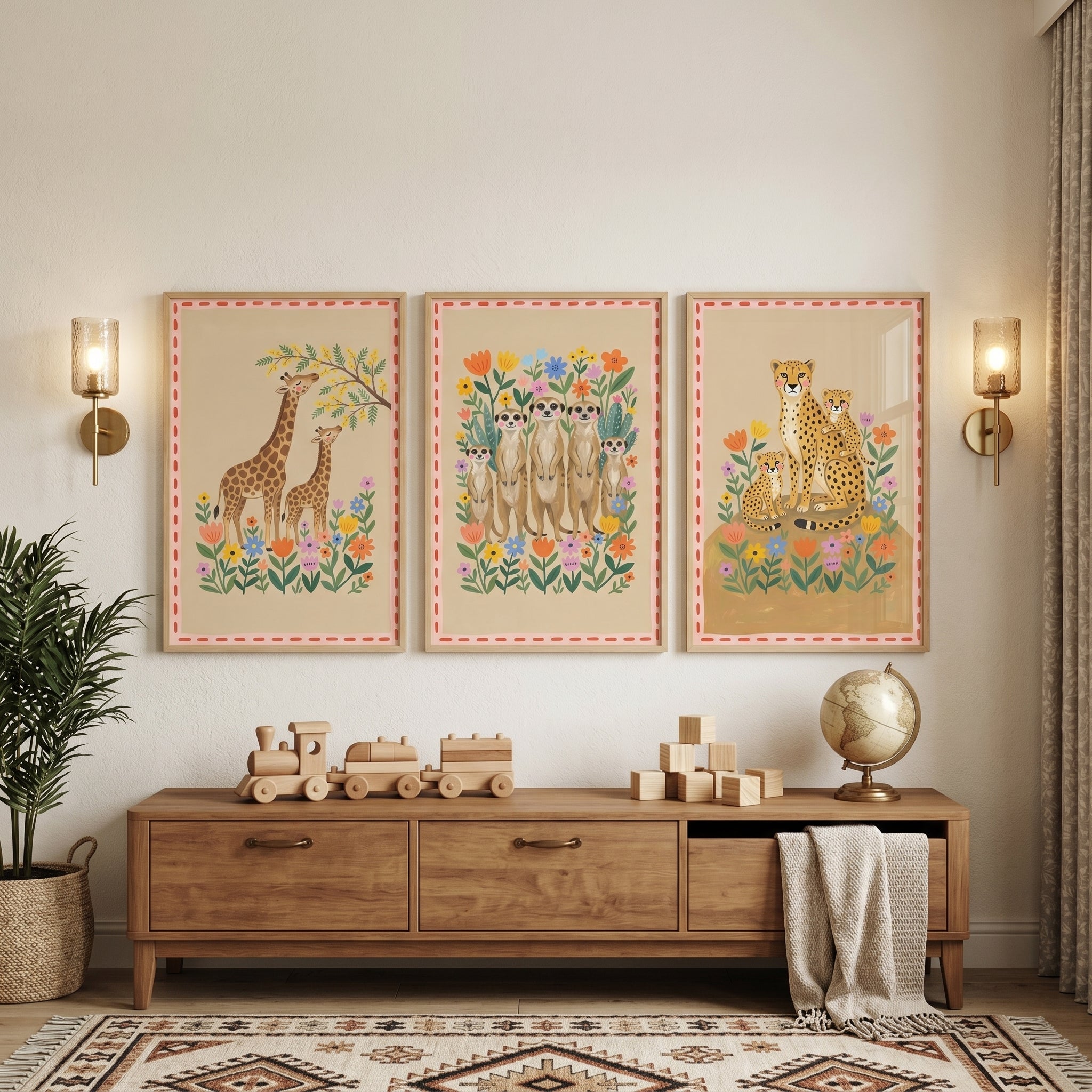 Earthy Tones Safari Animals Wall Art Set Of 3 - Safari Meadow Friends