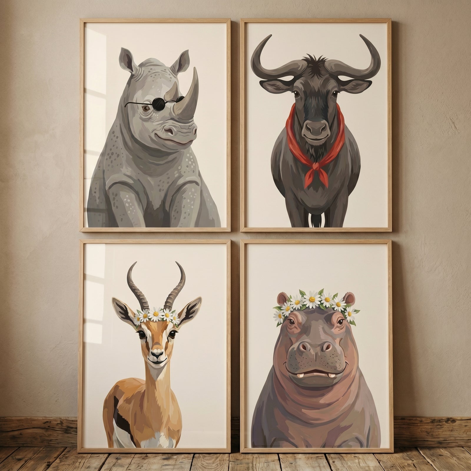 earthy tones savanna animals artwork set of 4: rhino in shades, wildebeest in red scarf, gazelle and hippo in daisy crowns.