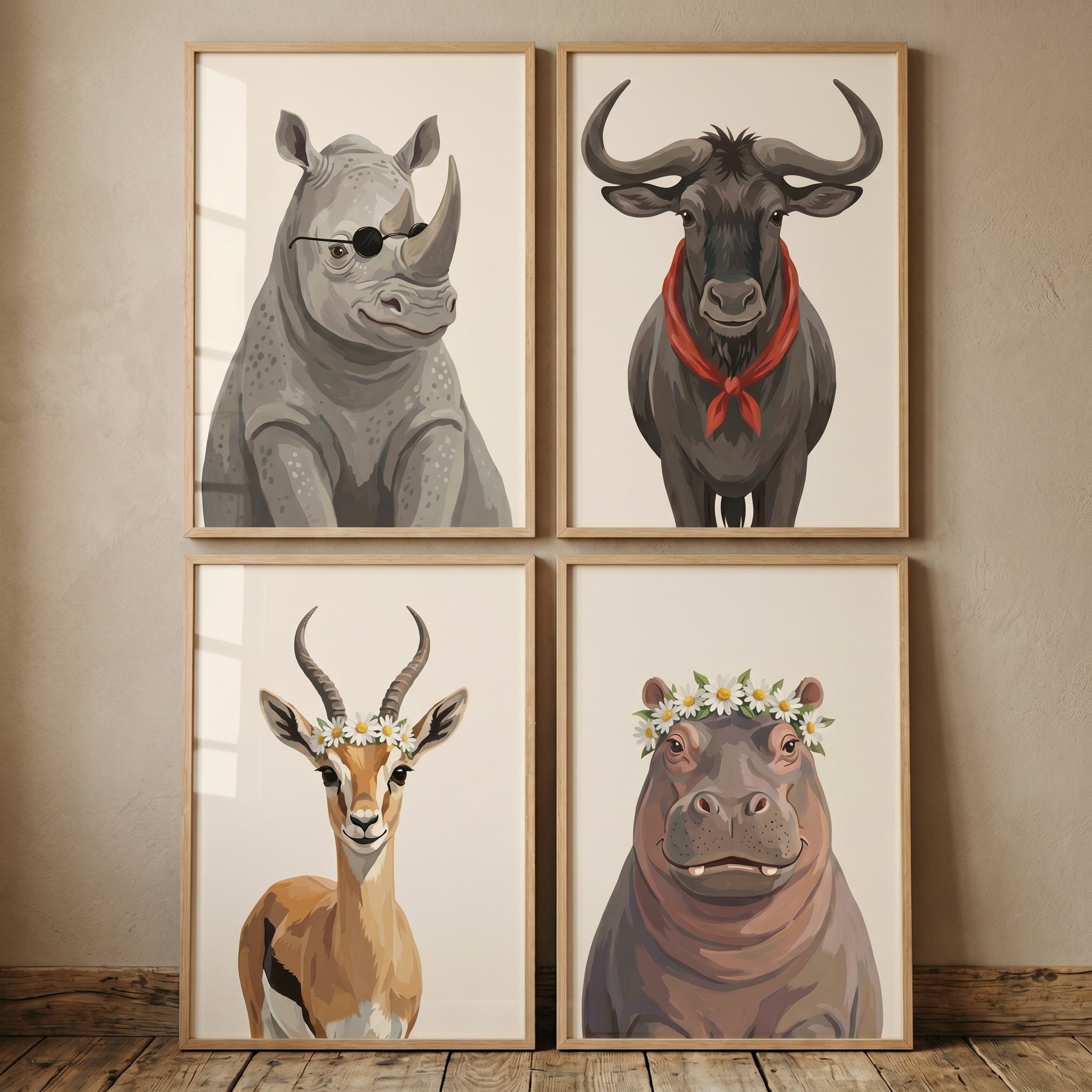 Earthy Tones Savanna Animals Artwork Set of 4 - Whimsical Safari Friends