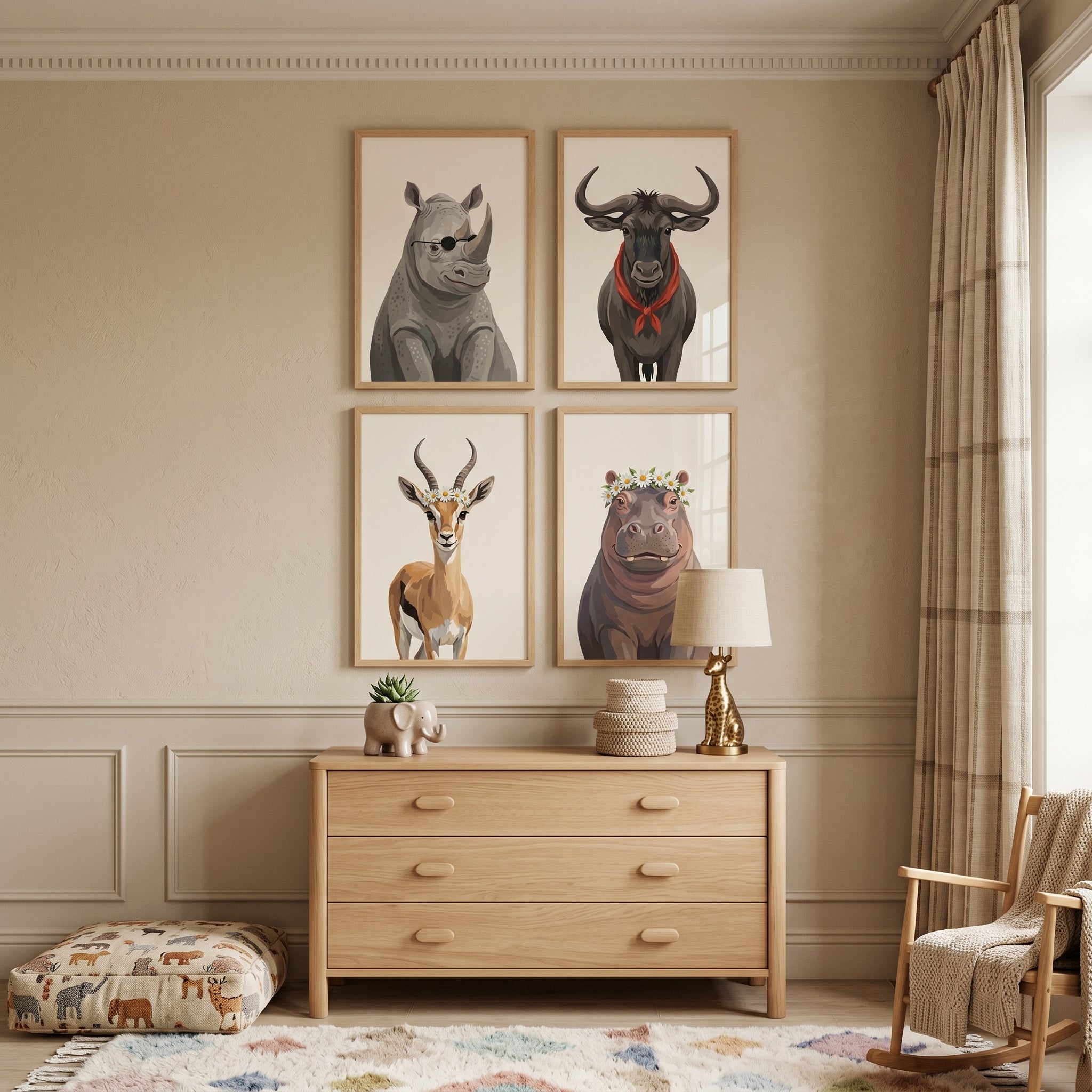 Earthy Tones Savanna Animals Artwork Set of 4 - Whimsical Safari Friends