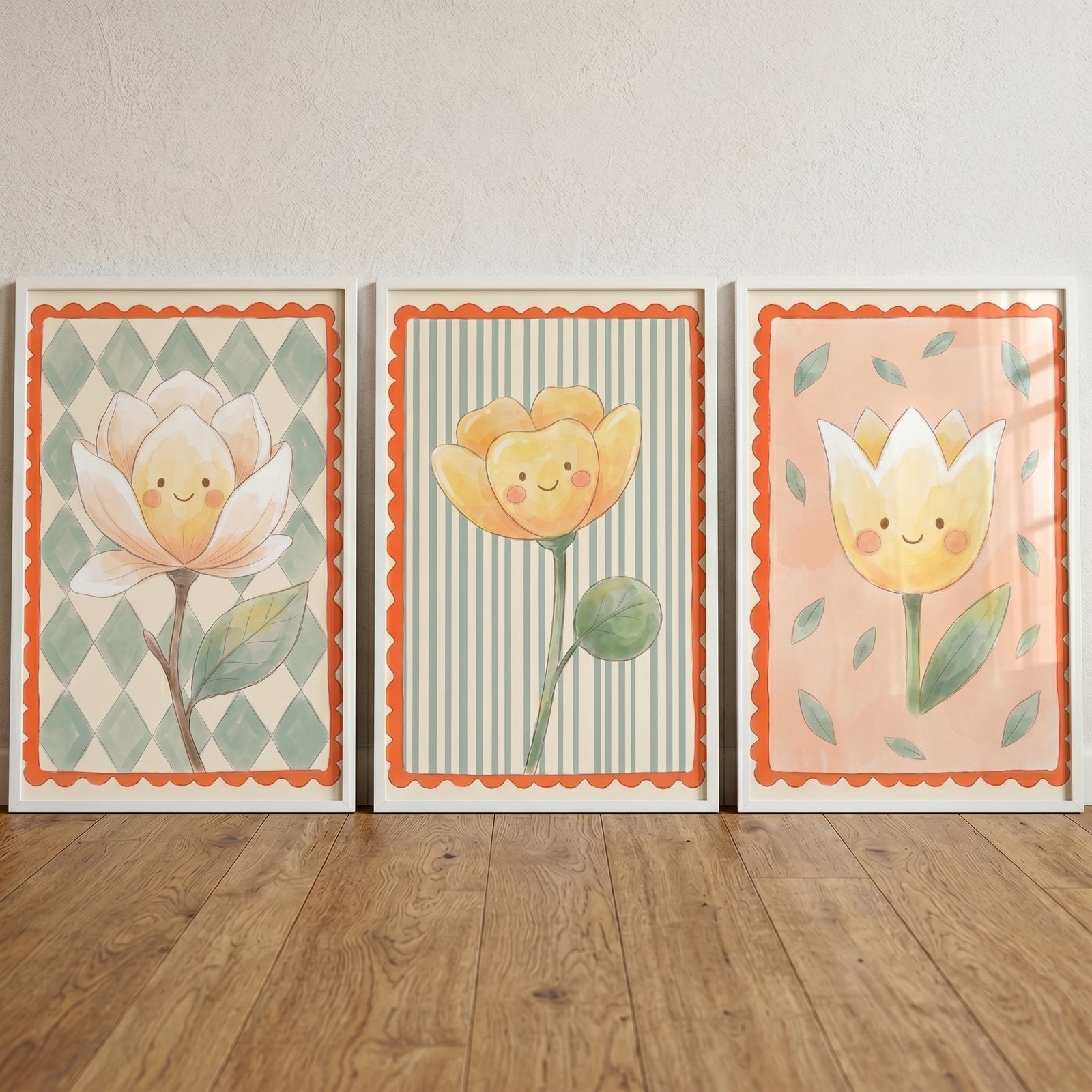 Earthy tones smiling flower wall art set of 3 with cute faces and patterned backgrounds in white frames.