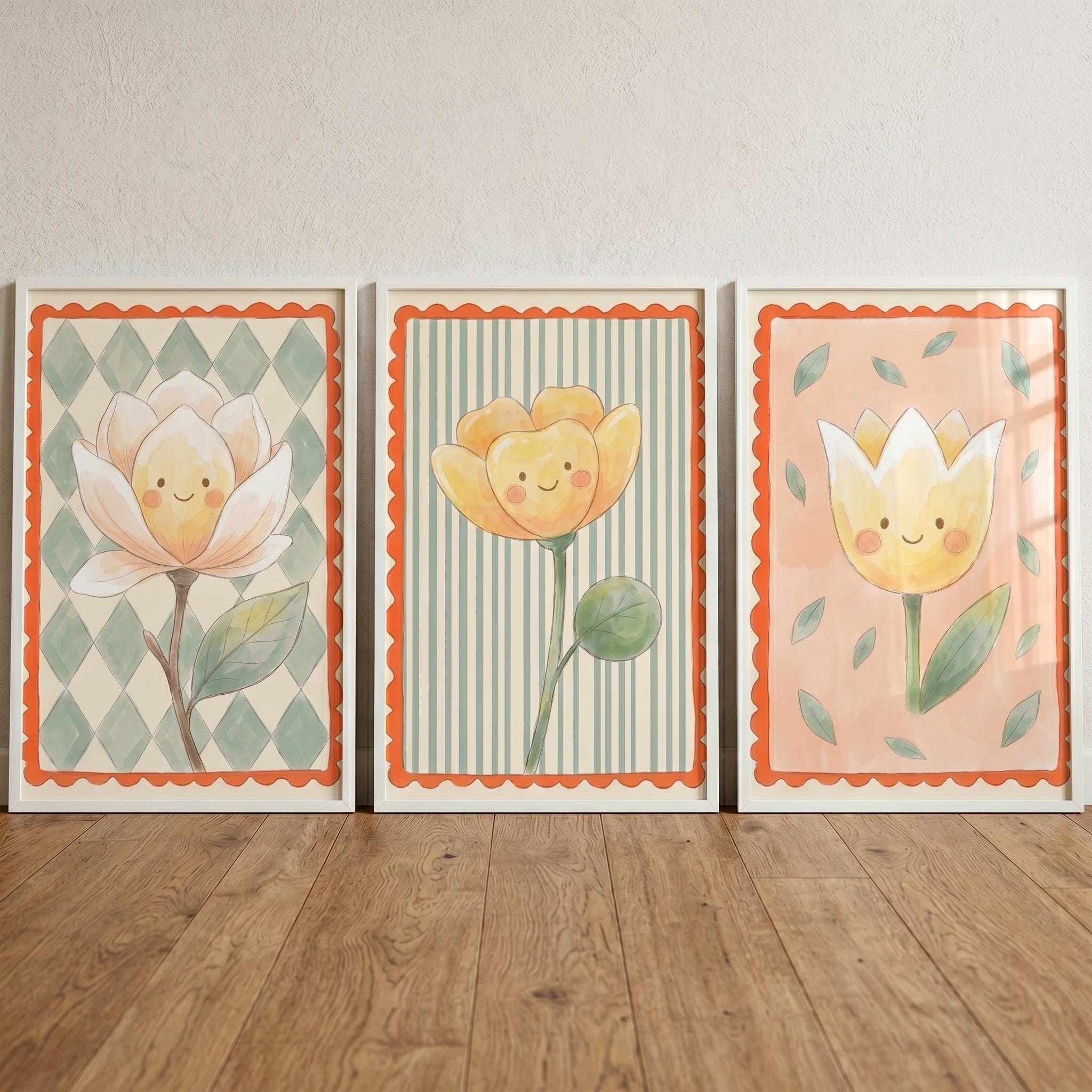 Earthy Tones Smiling Flower Wall Art Set of 3 - Smiling Bloom Trio