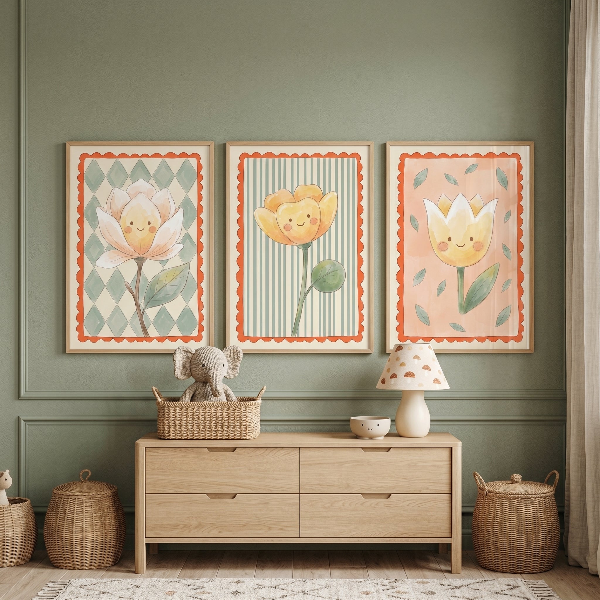 Earthy Tones Smiling Flower Wall Art Set of 3 - Smiling Bloom Trio