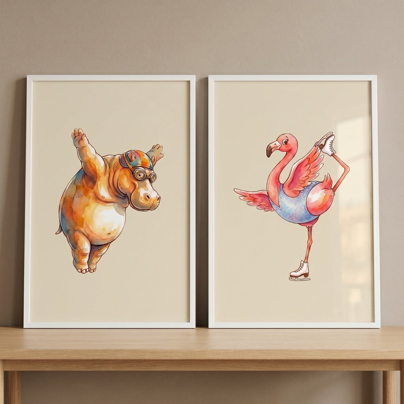 Earthy tones sporty animal wall art set of 2 with a diving hippo and an ice skating flamingo in white frames.