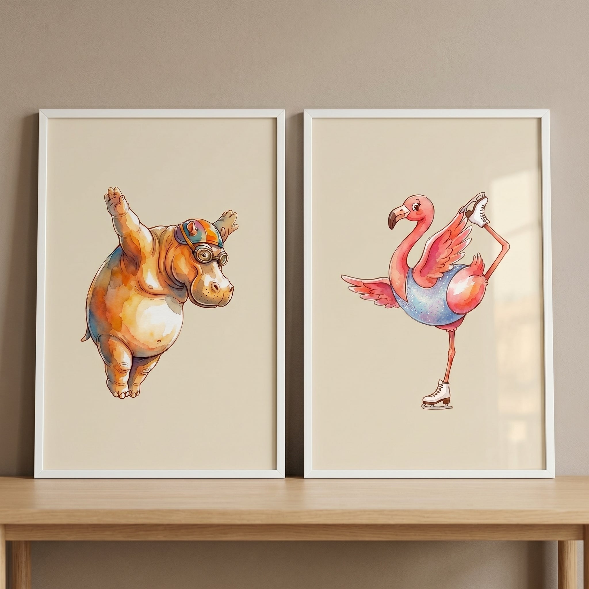 Earthy Tones Sporty Animal Wall Art Set of 2 - Whimsical Sporty Animals
