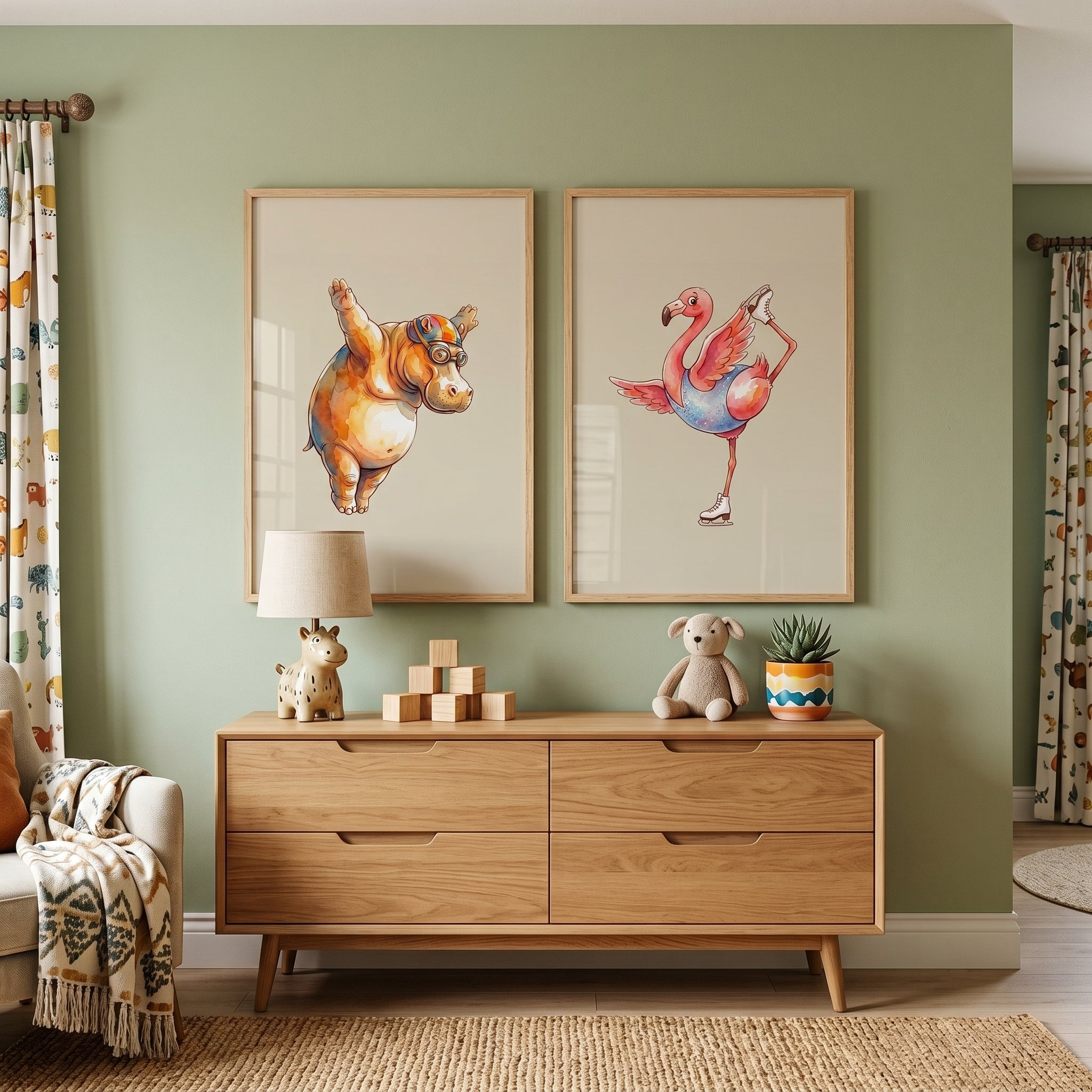 Earthy Tones Sporty Animal Wall Art Set of 2 - Whimsical Sporty Animals