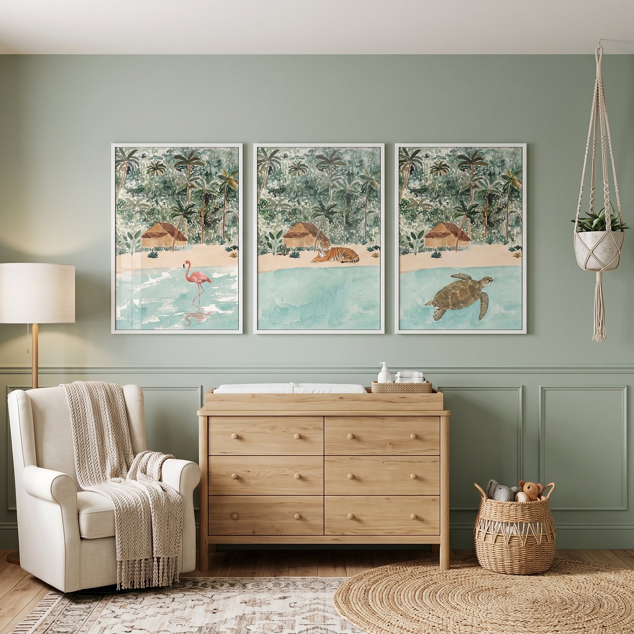 Earthy Tones Tropical Animals Wall Art Set of 3 - Tropical Shoreline Trio