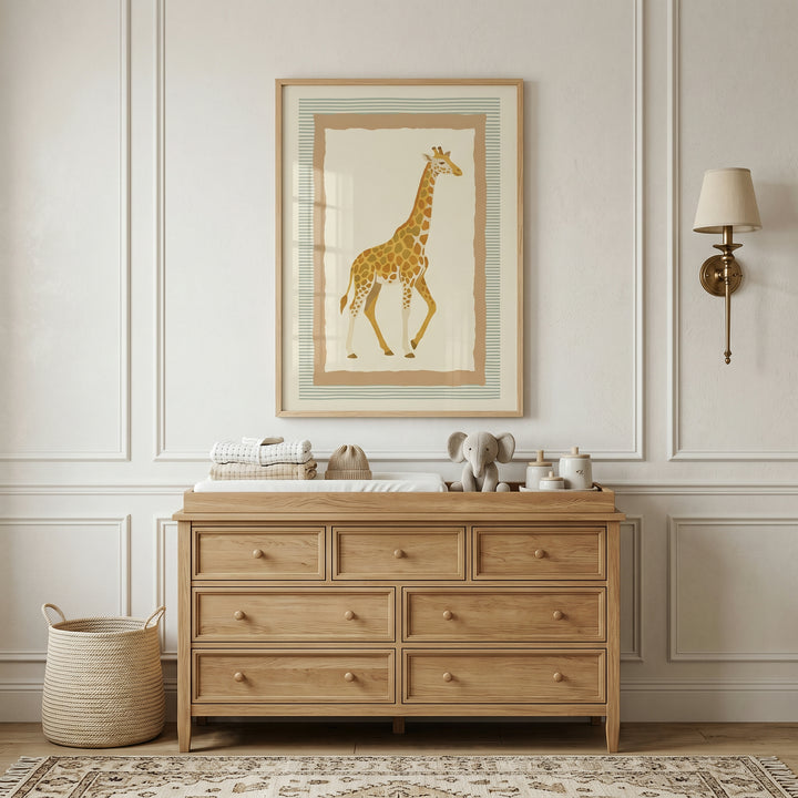 Earthy tones walking giraffe wall art hangs over a wooden dresser with a changing pad and elephant toy in a nursery.