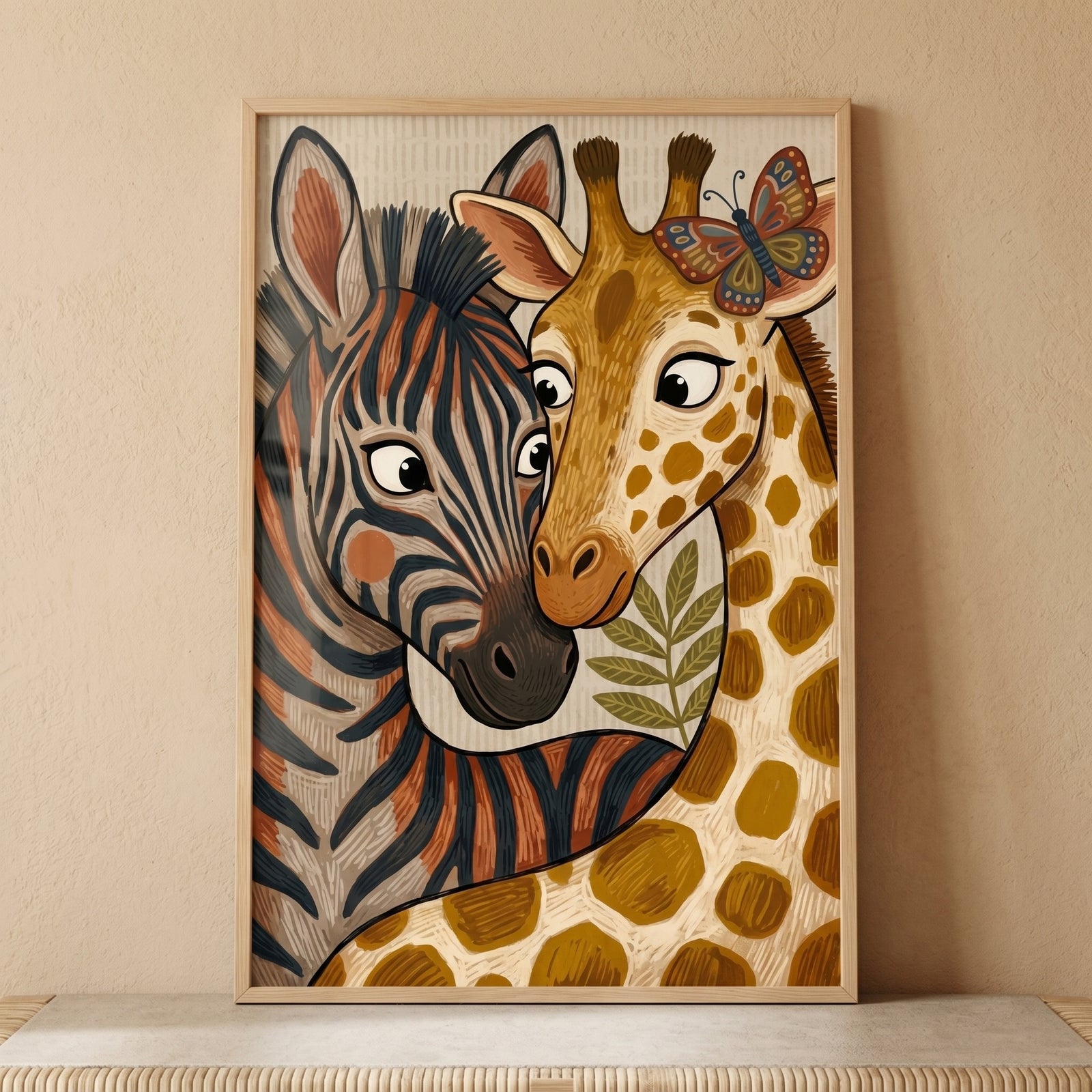 Earthy tones zebra giraffe animals wall art featuring a zebra with orange stripes cuddling a giraffe with a butterfly.