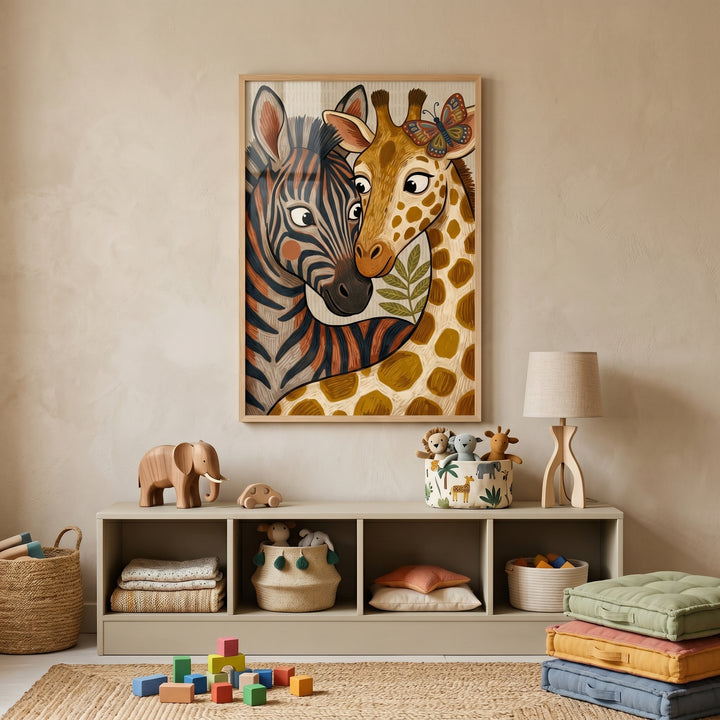 Earthy tones zebra giraffe animals wall art hangs above a shelf with wooden toys, baskets, and colorful floor cushions.