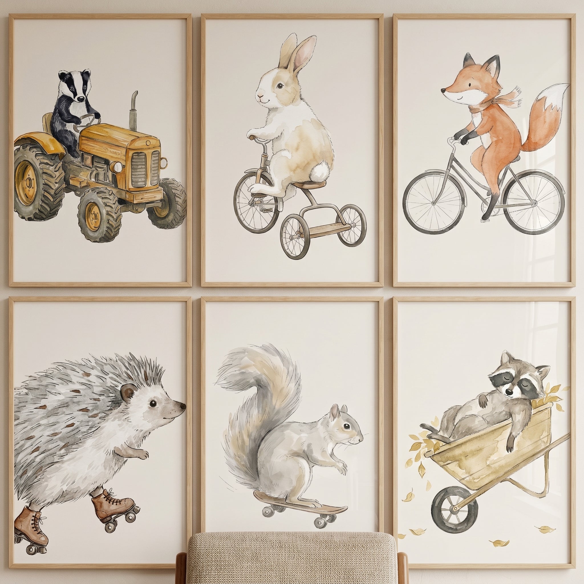 Earthy Transport Woodland Animals Wall Art Set of 6 - Woodland Animal Wheels