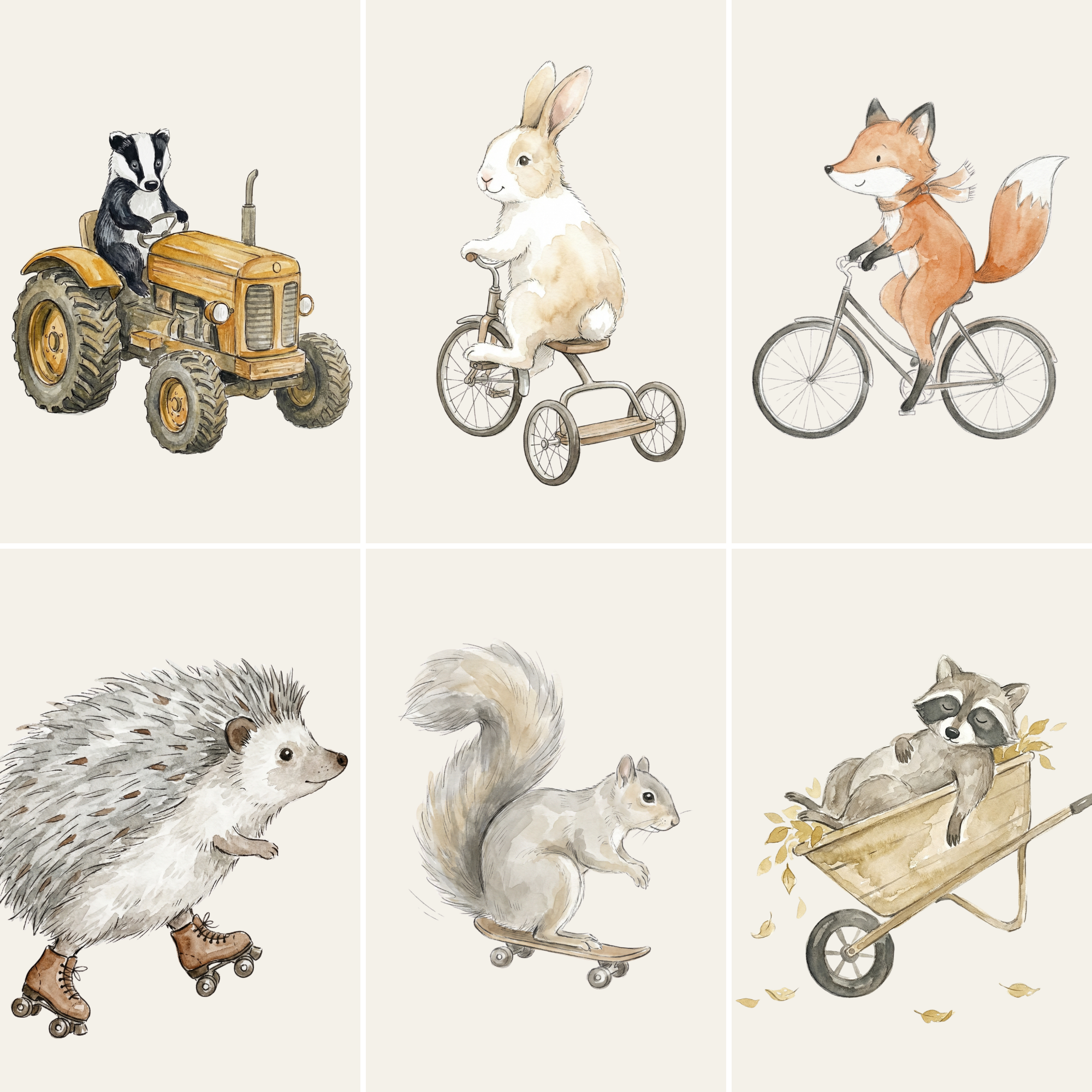 Earthy Transport Woodland Animals Wall Art Set of 6 - Woodland Animal Wheels