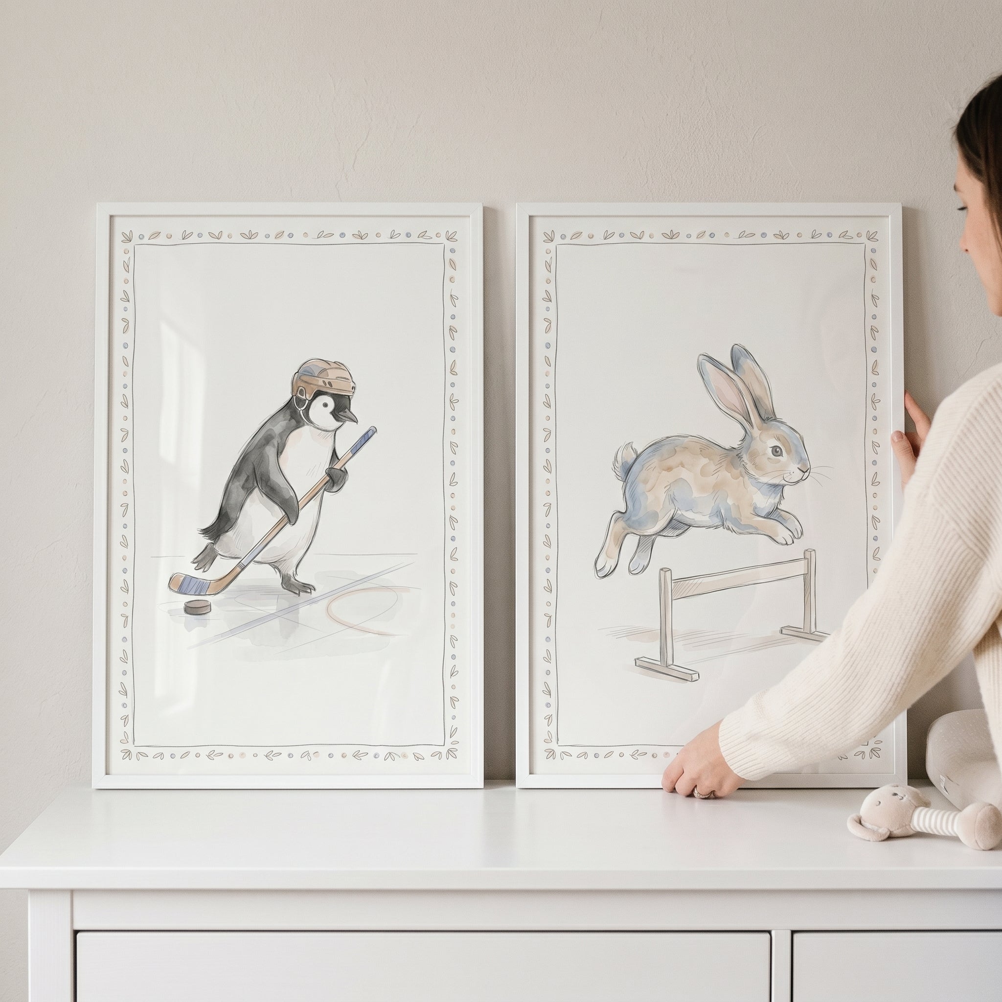Earthy Watercolor Active Animals Wall Art Set of 2 - Playful Sporty Animals