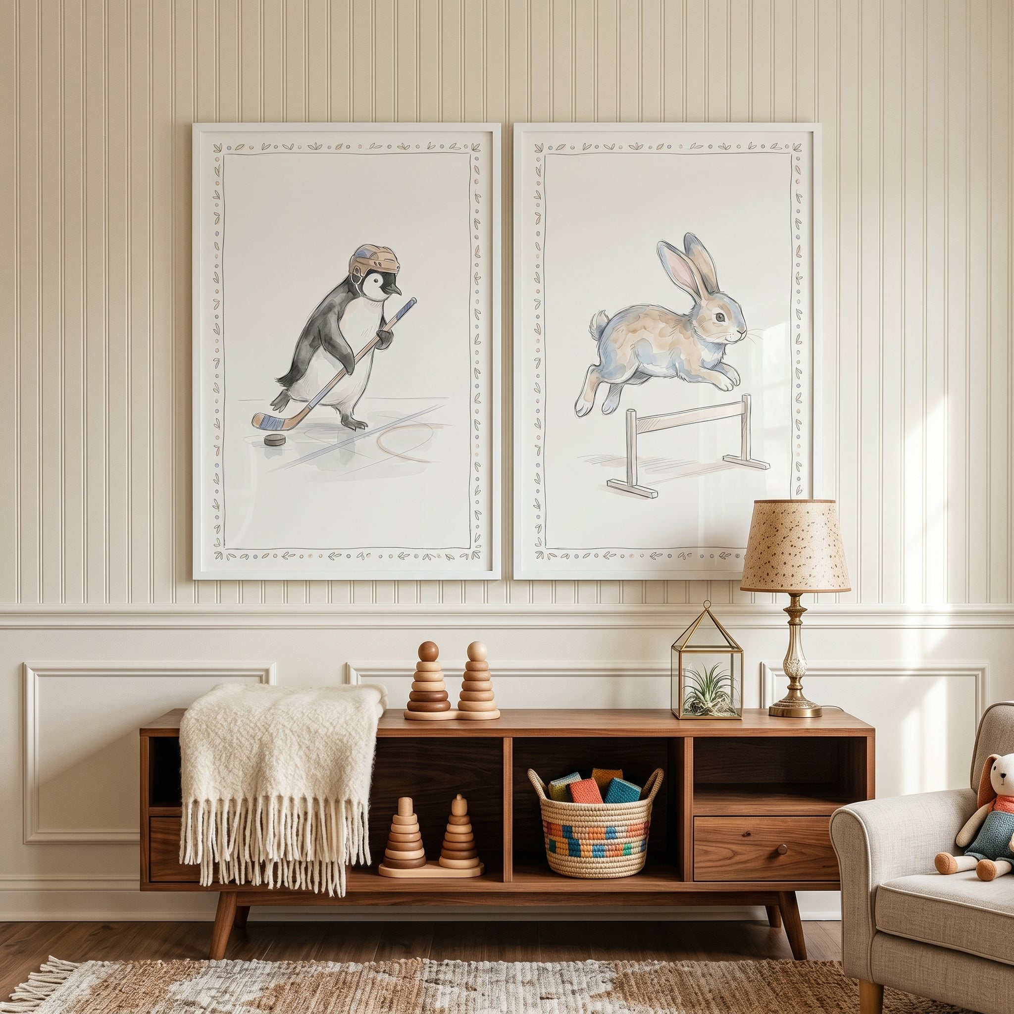 Earthy Watercolor Active Animals Wall Art Set of 2 - Playful Sporty Animals