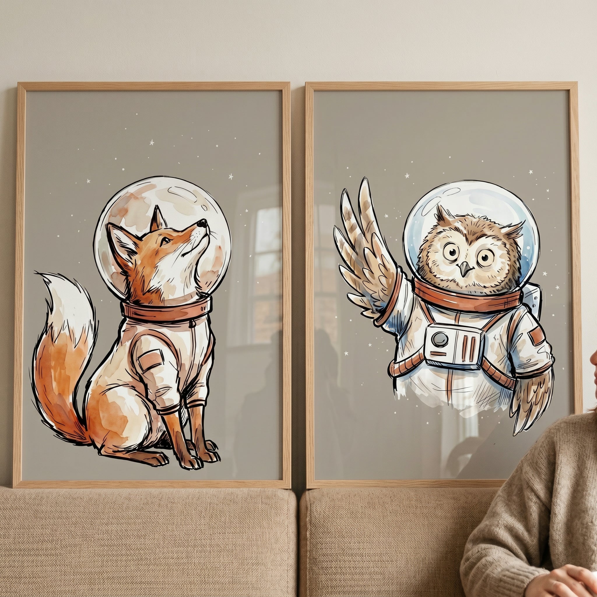 Earthy Watercolor Astronaut Animal Wall Art Set of 2 - Stellar Animal Astronauts