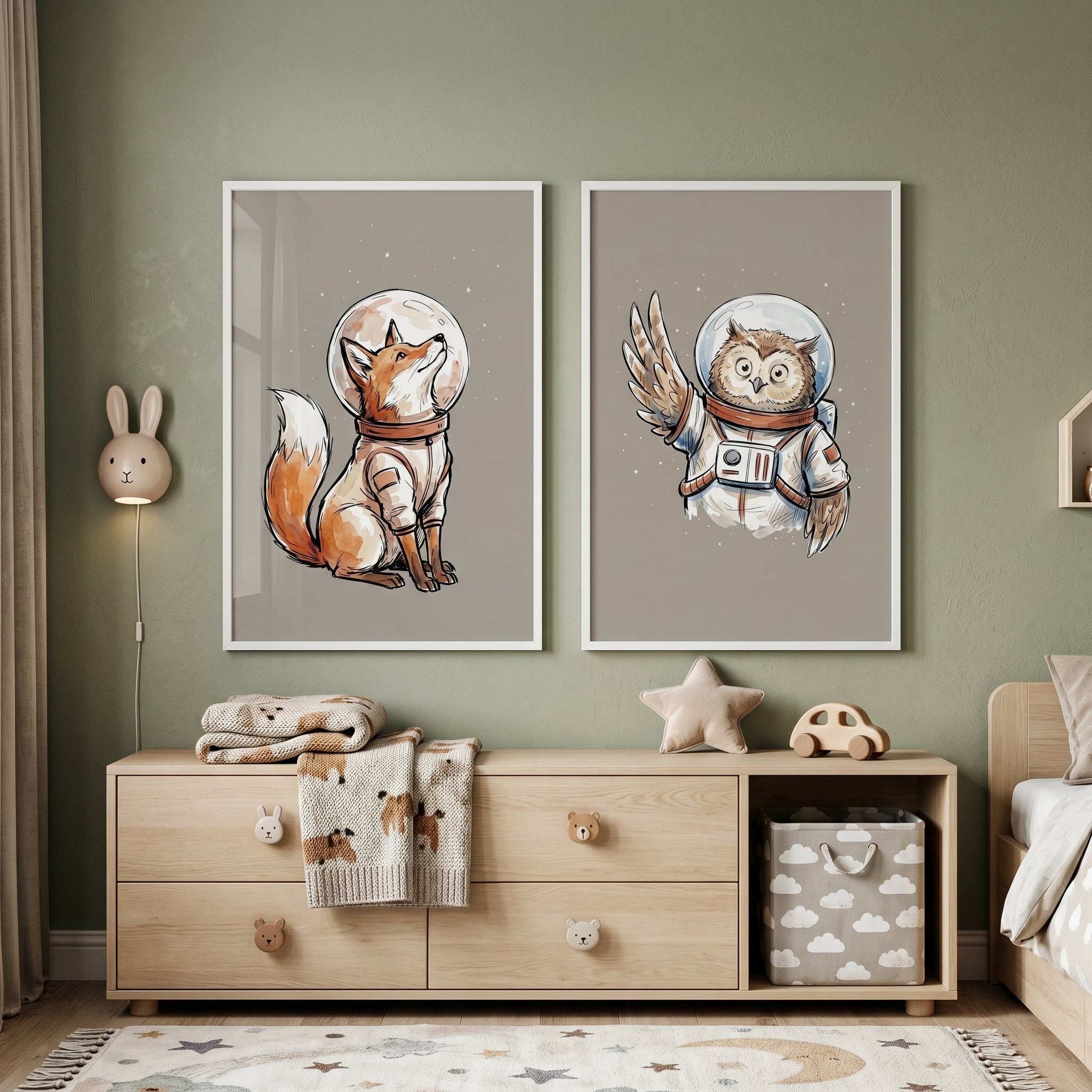 Earthy Watercolor Astronaut Animal Wall Art Set of 2 - Stellar Animal Astronauts