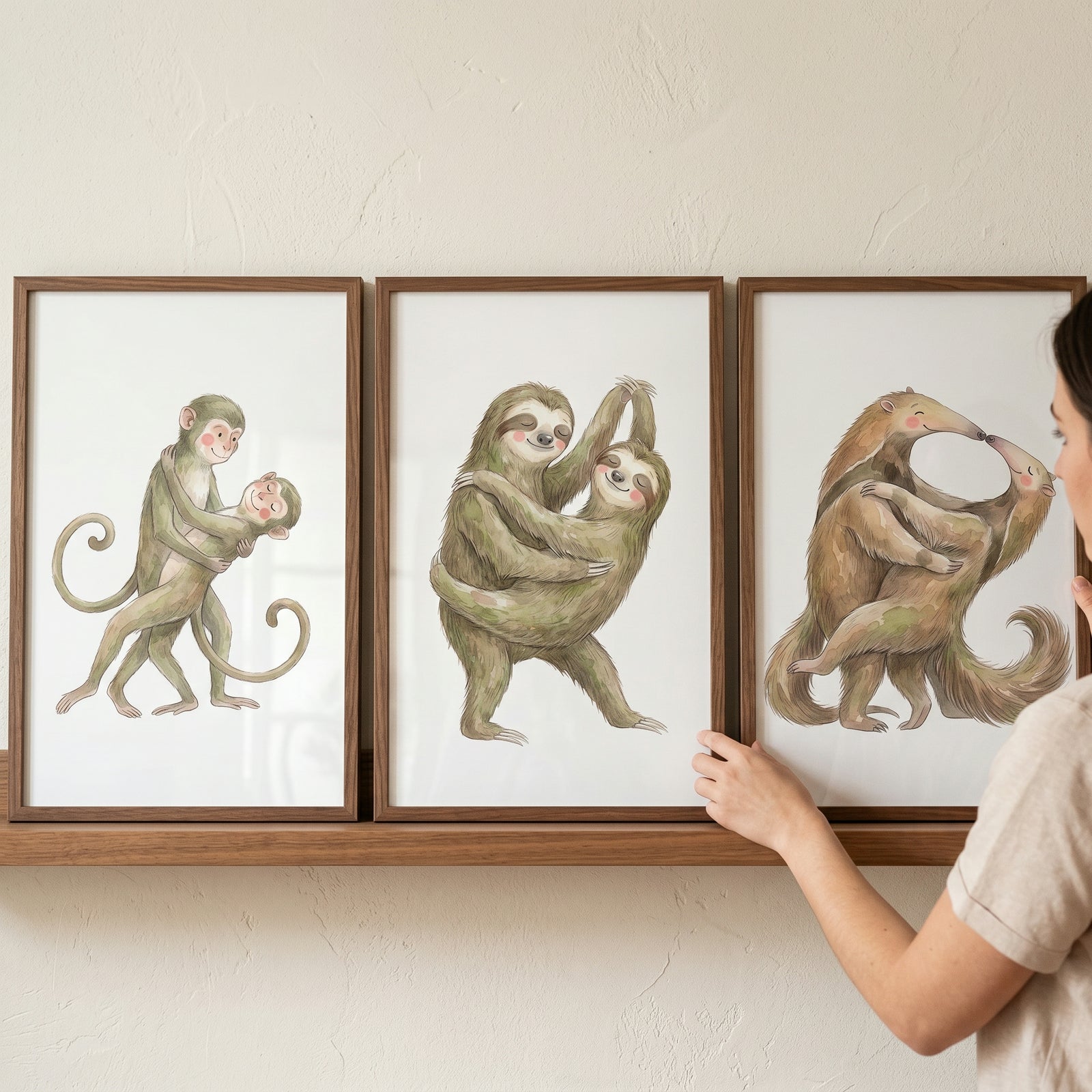 Earthy watercolor dancing animal wall art set of 3 shows framed monkeys, sloths, and anteaters on a shelf.