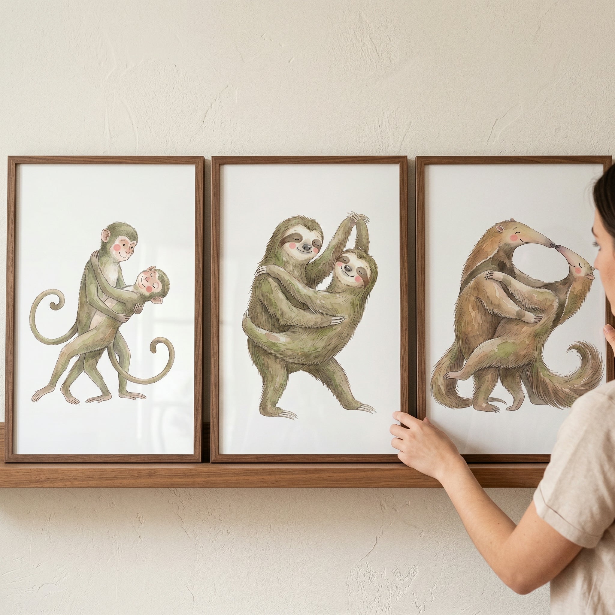 Earthy Watercolor Dancing Animal Wall Art Set of 3 - Sweet Animal Embraces