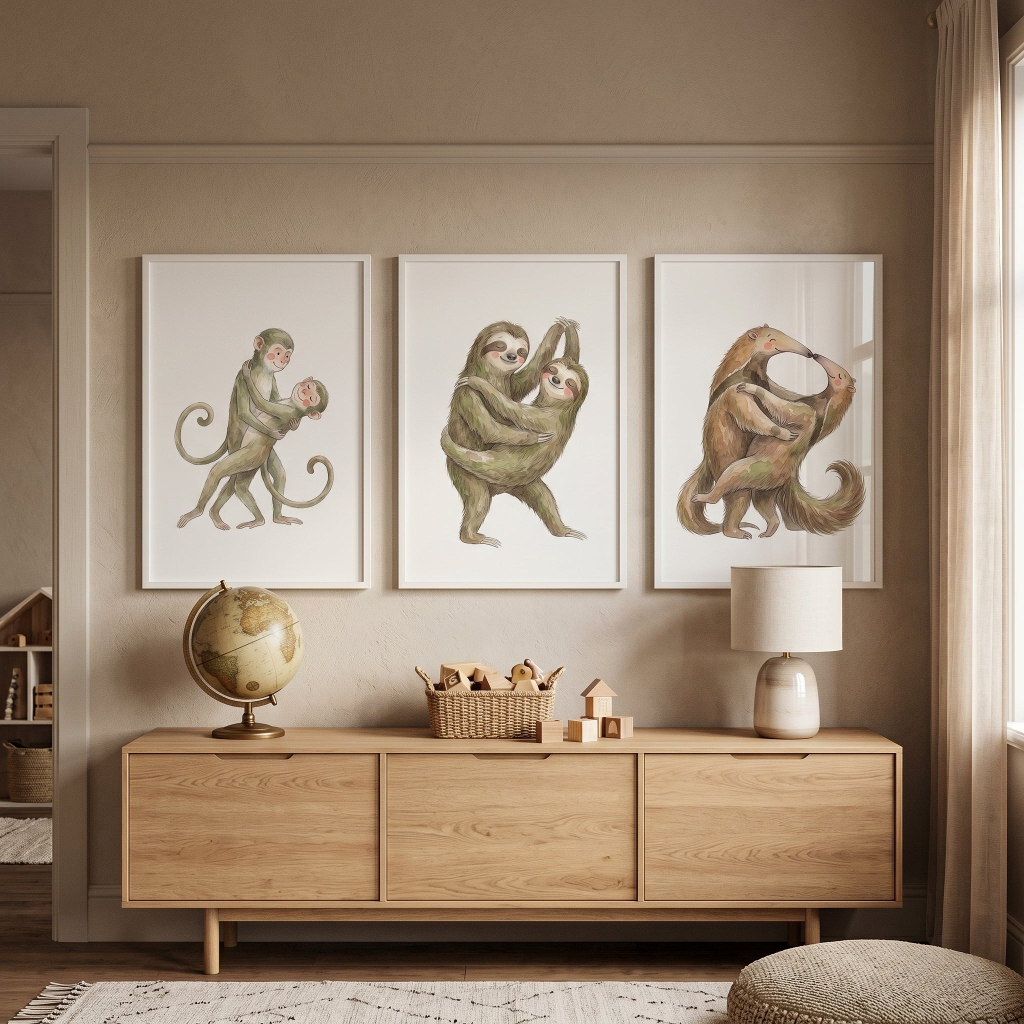 Earthy Watercolor Dancing Animal Wall Art Set of 3 - Sweet Animal Embraces