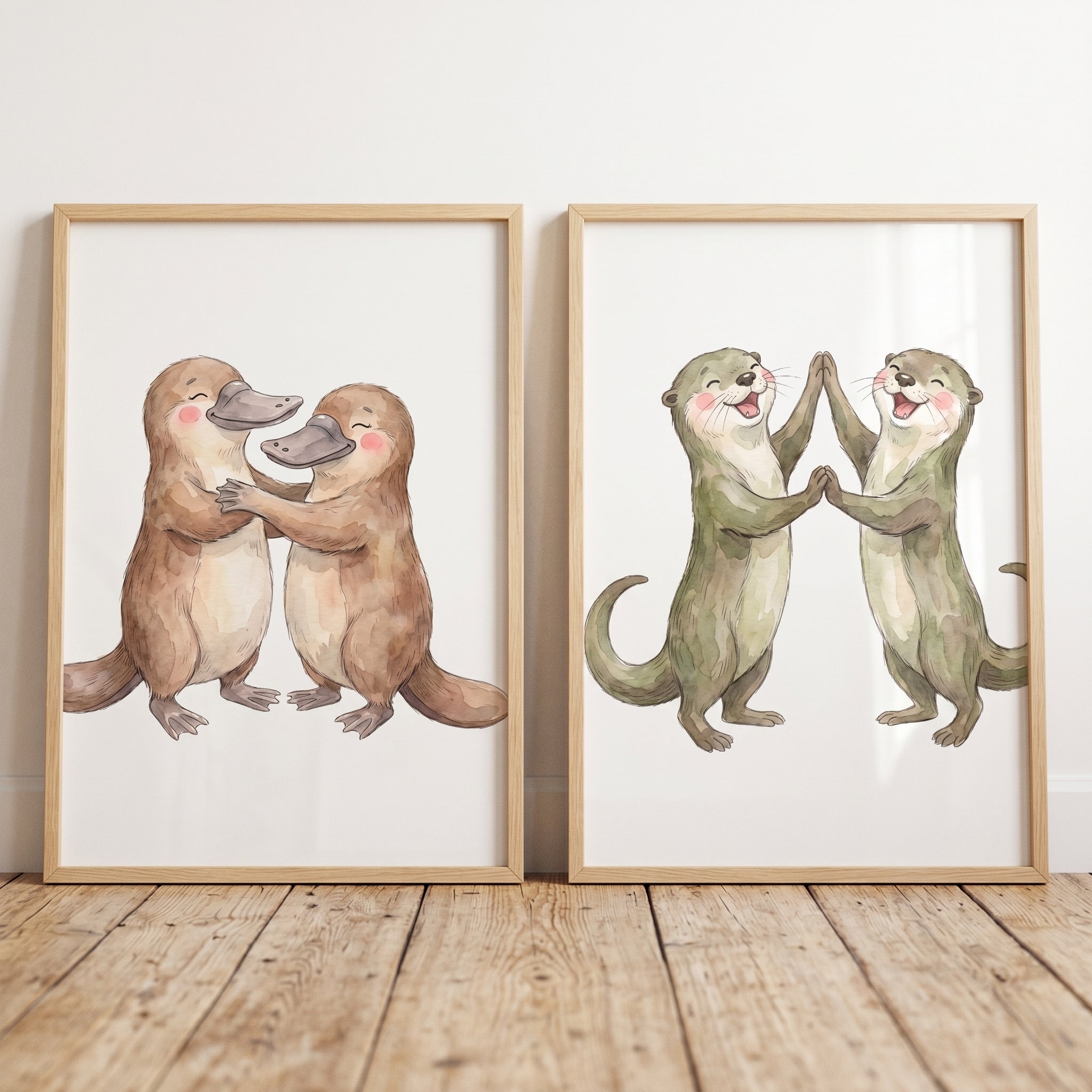 Earthy Watercolor Dancing Animals Wall Art Set of 2 - Playful River Friends