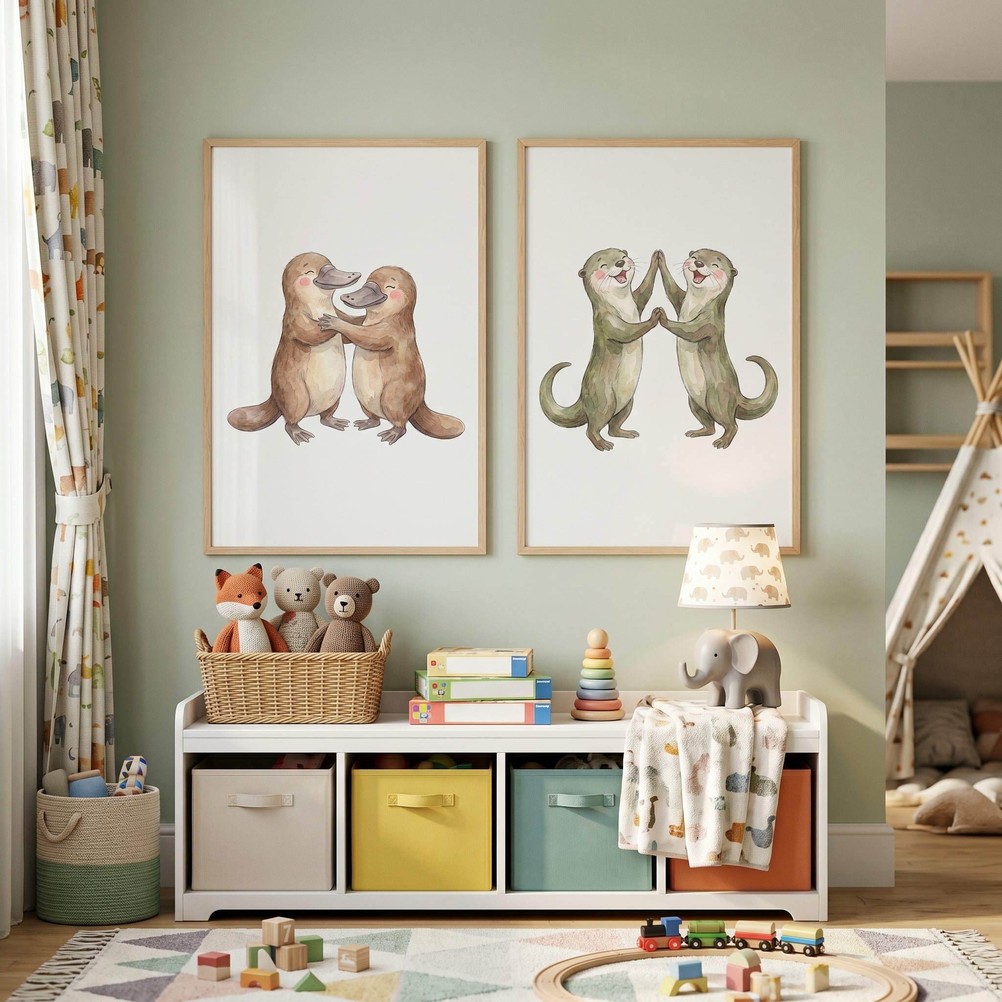 Earthy Watercolor Dancing Animals Wall Art Set of 2 - Playful River Friends