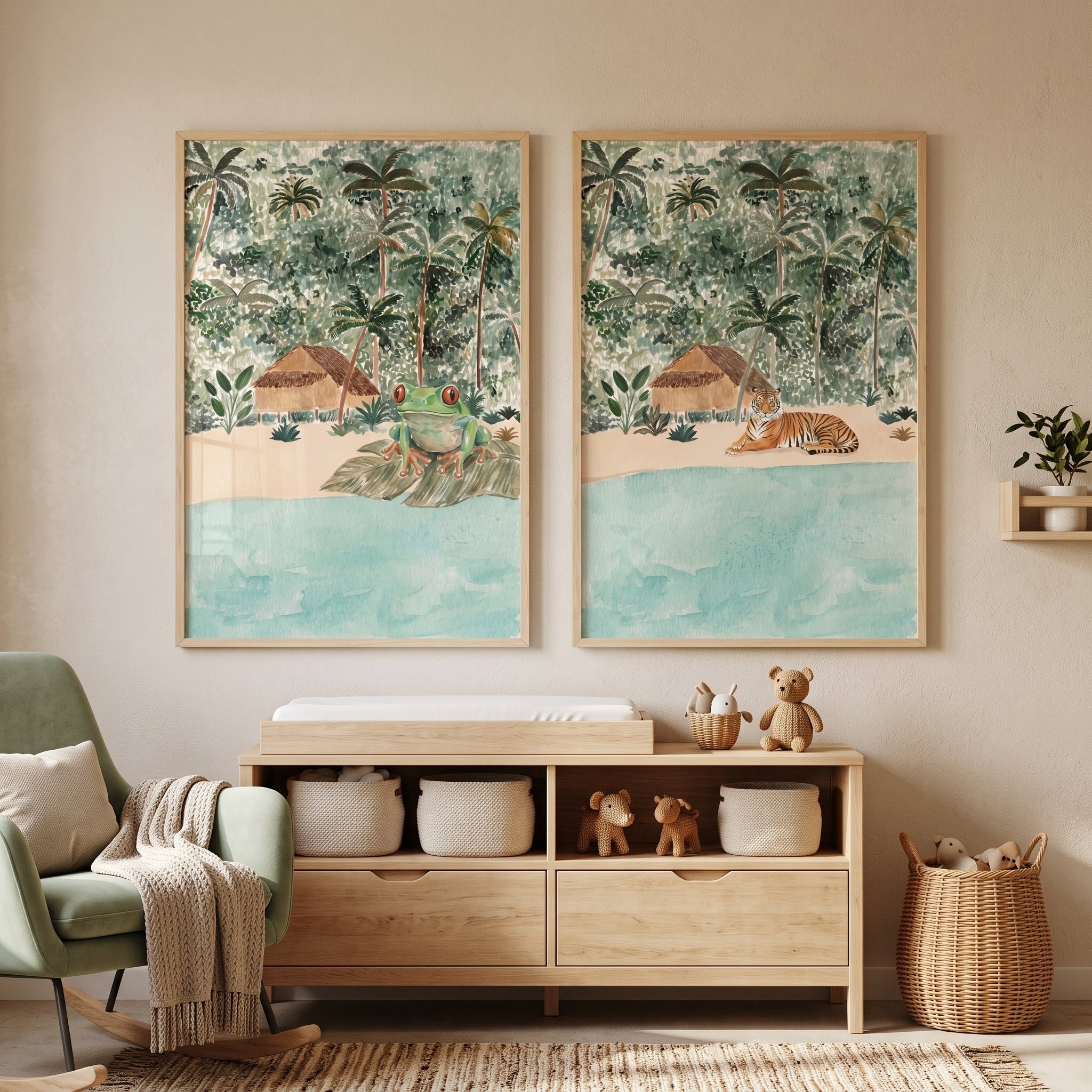 Earthy Watercolor Jungle Animals Wall Art Set of 2 - Wild Jungle Shores