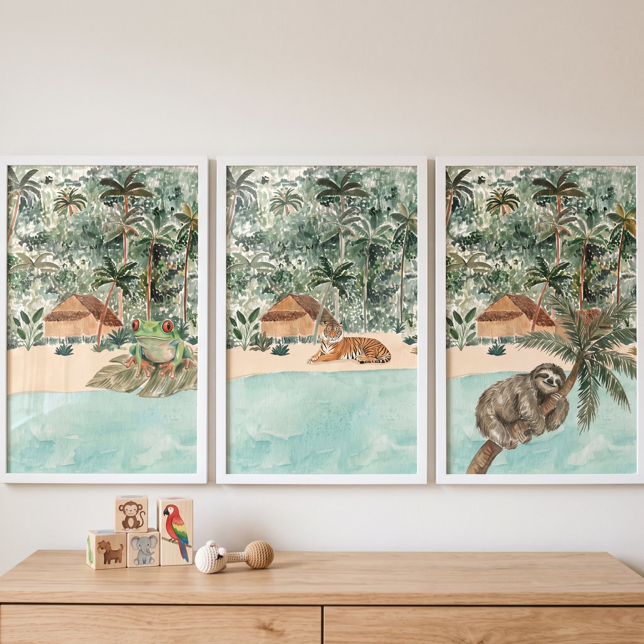 Earthy Watercolor Jungle Animals Wall Art Set of 3 - Wild Island Friends