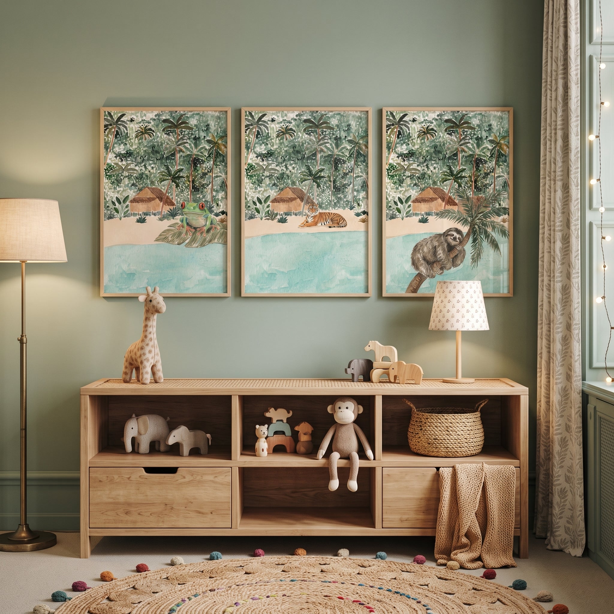 Earthy Watercolor Jungle Animals Wall Art Set of 3 - Wild Island Friends