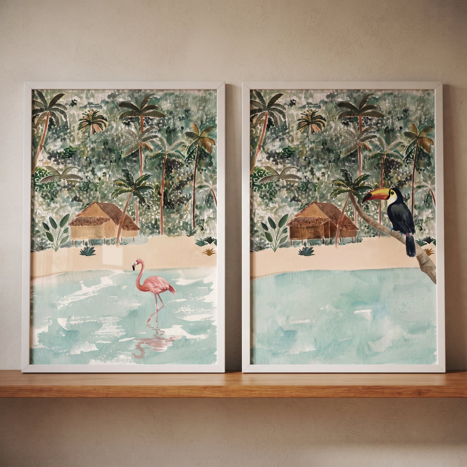 Earthy watercolor jungle landscape animals wall art set of 2 featuring a flamingo, a toucan, palm trees, and huts.