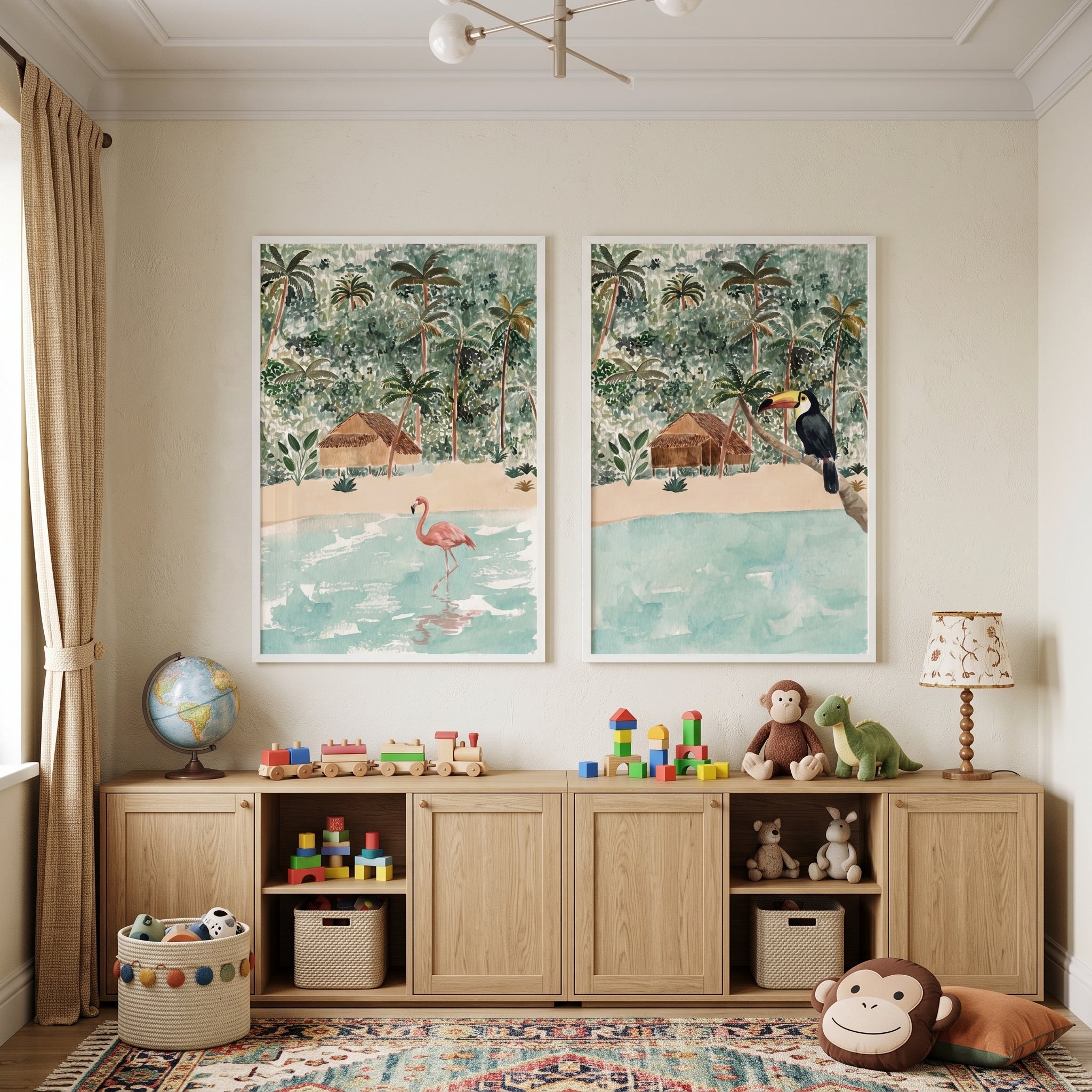 Earthy Watercolor Jungle Landscape Animals Wall Art Set of 2 - Tropical Island Birds