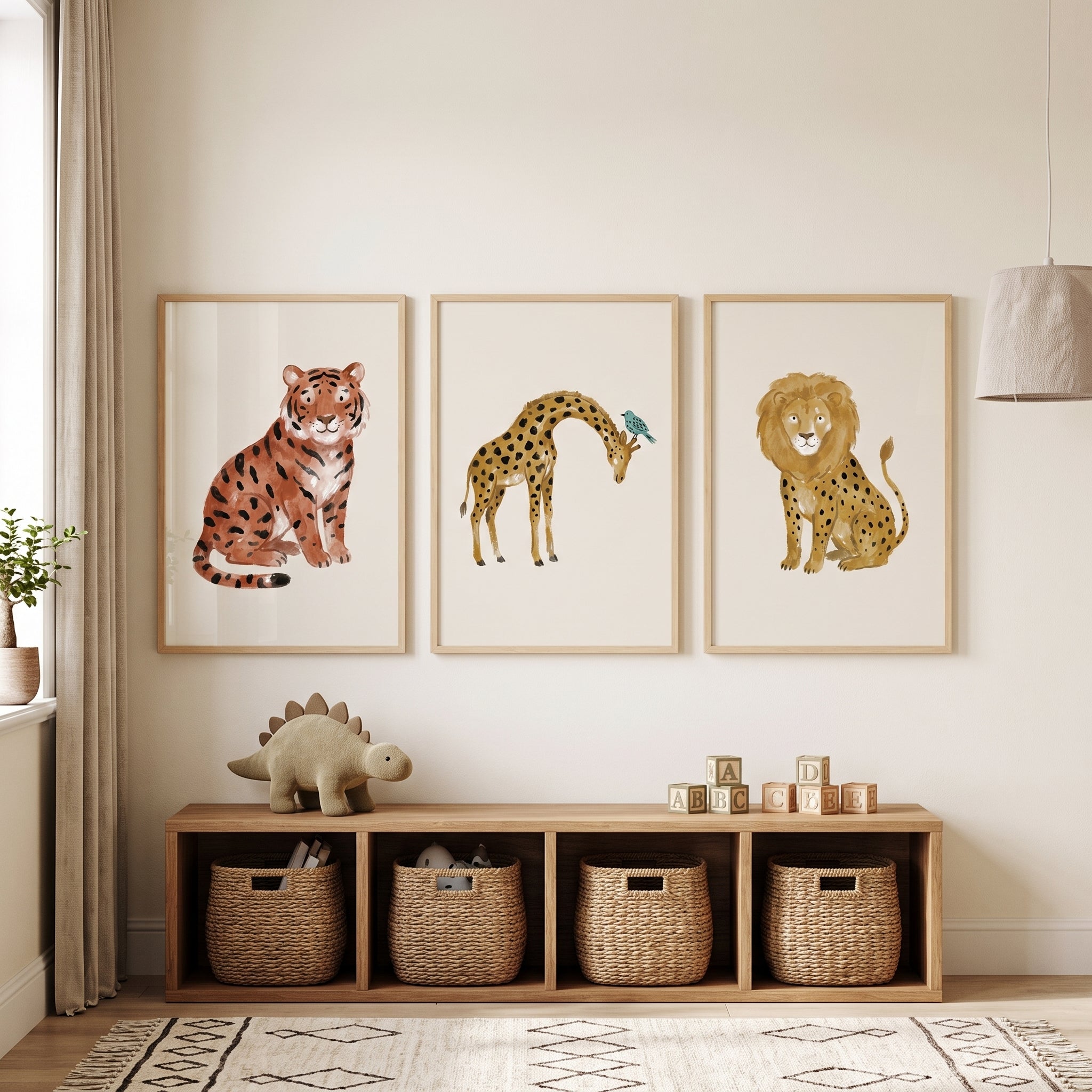 Earthy Watercolor Safari Animal Wall Art Set of 3 - Gentle Safari Friends