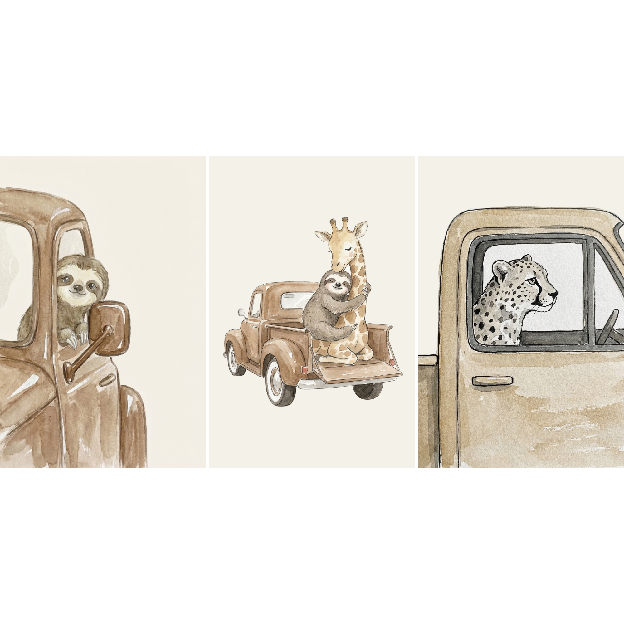 Earthy Watercolor Safari Truck Wall Art Set of 3 - Cute Animal Travels