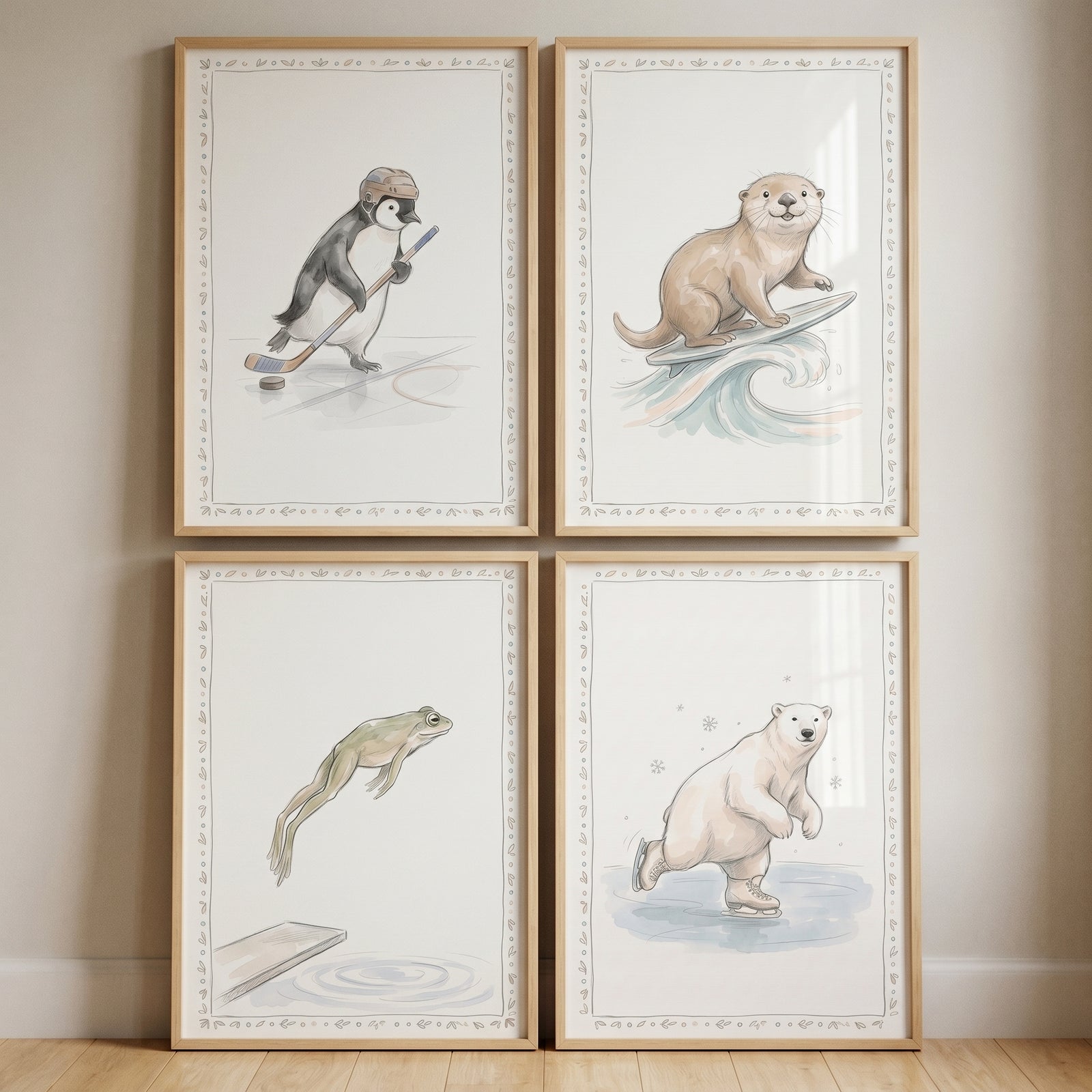 Earthy watercolor sporting animals wall art set of 4 with a hockey penguin, surfing otter, diving frog, and skating bear.
