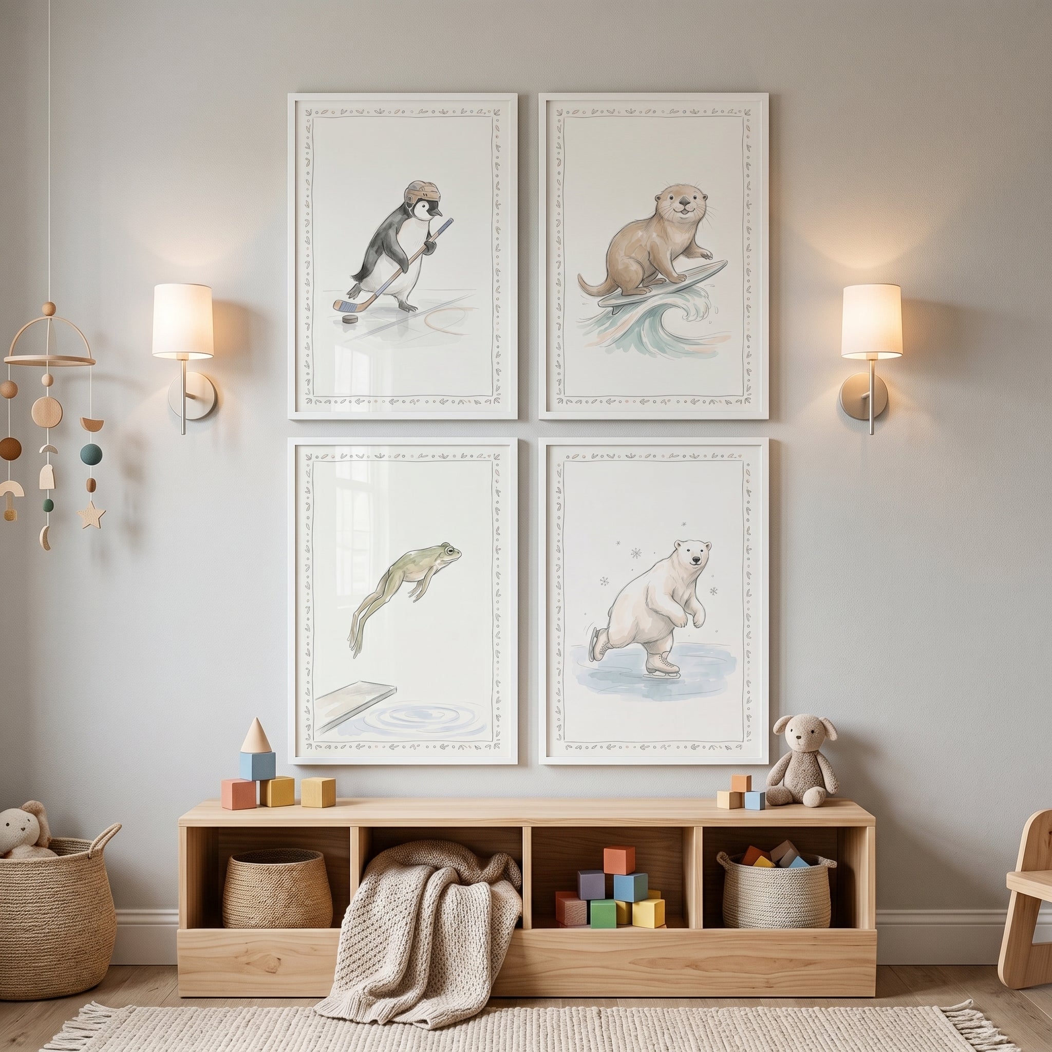 Earthy Watercolor Sporting Animals Wall Art Set of 4 - Whimsical Animal Sports