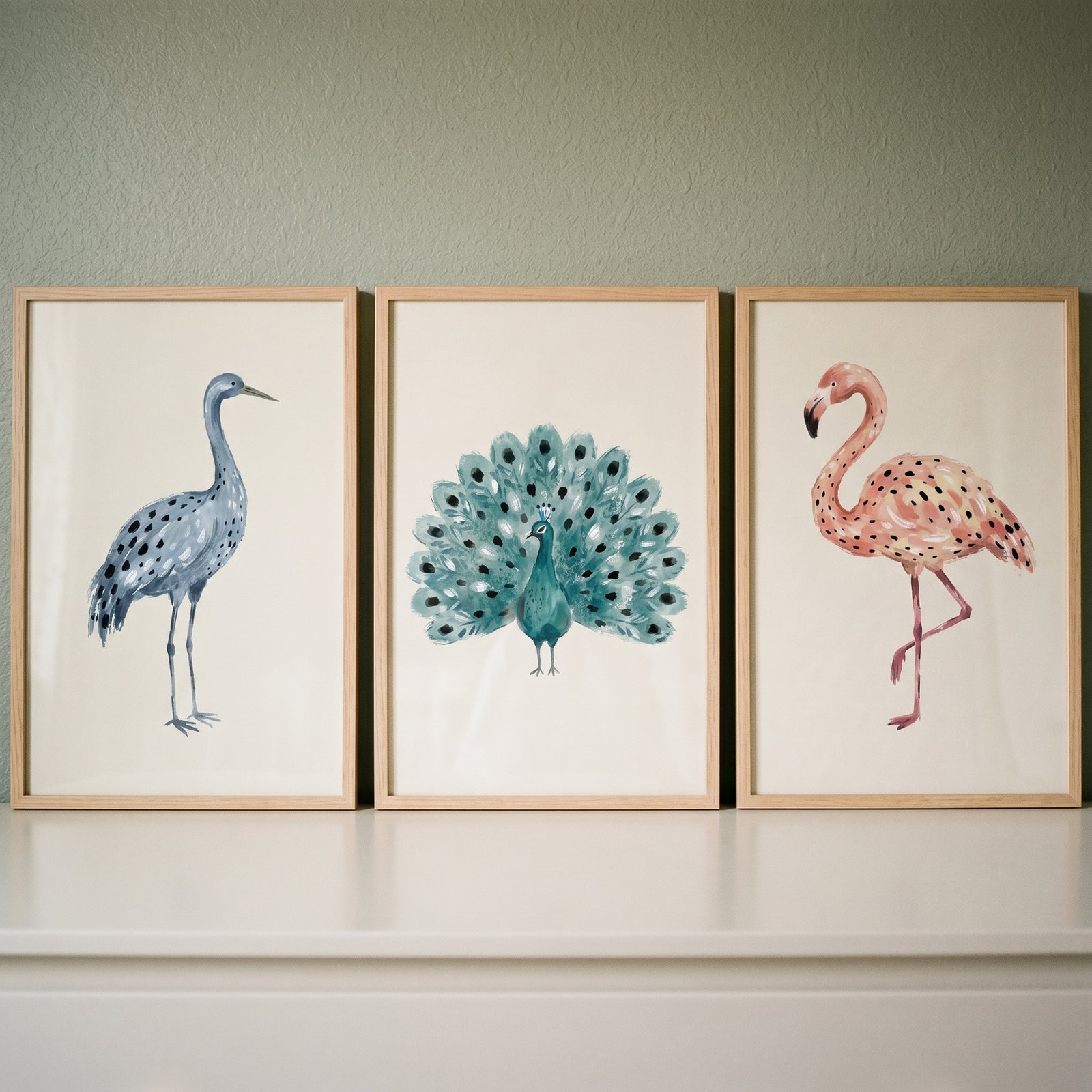 earthy watercolor spotted birds wall art set of 3 featuring a blue crane, teal peacock, and pink flamingo in wood frames.