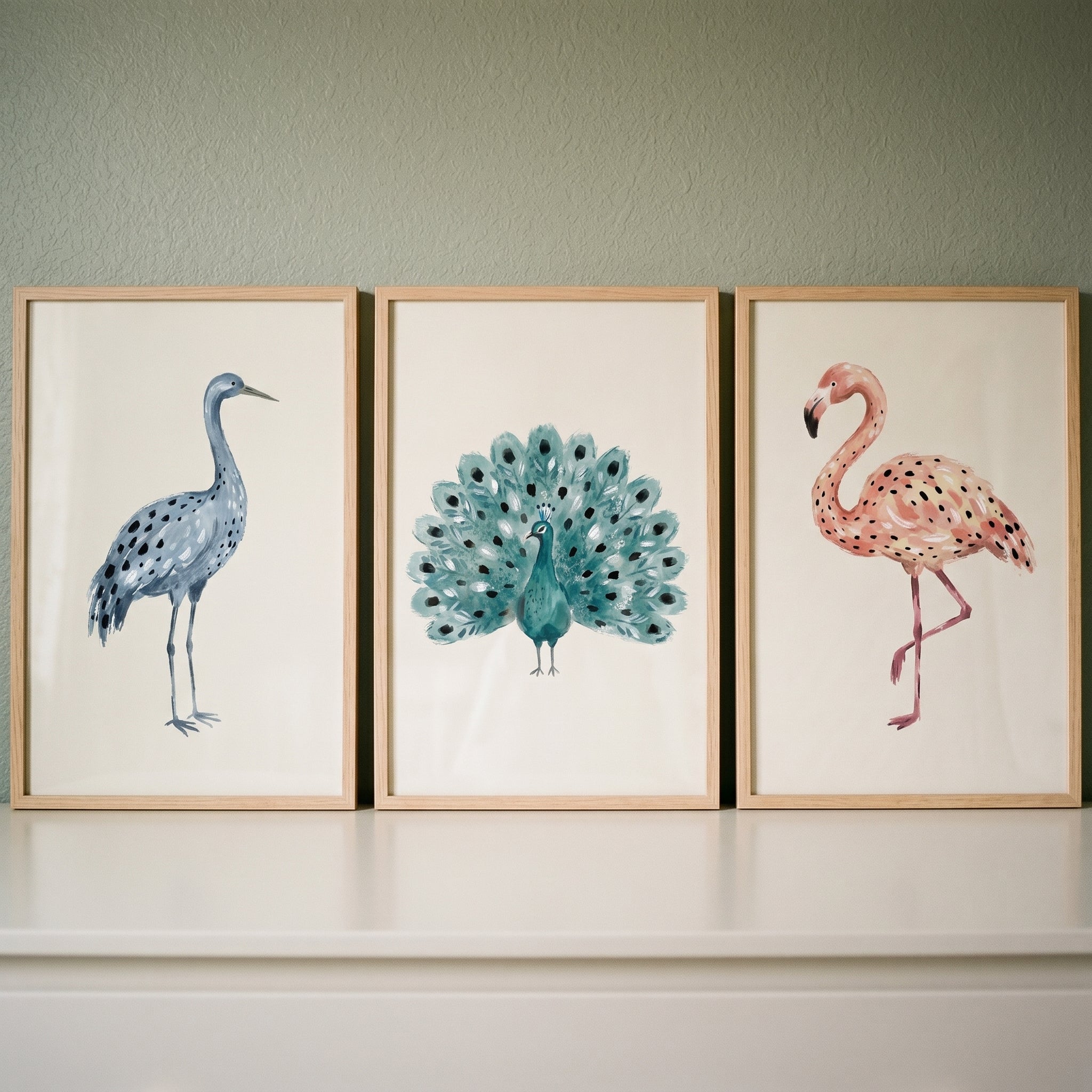 Earthy Watercolor Spotted Birds Wall Art Set of 3 - Elegant Avian Trio
