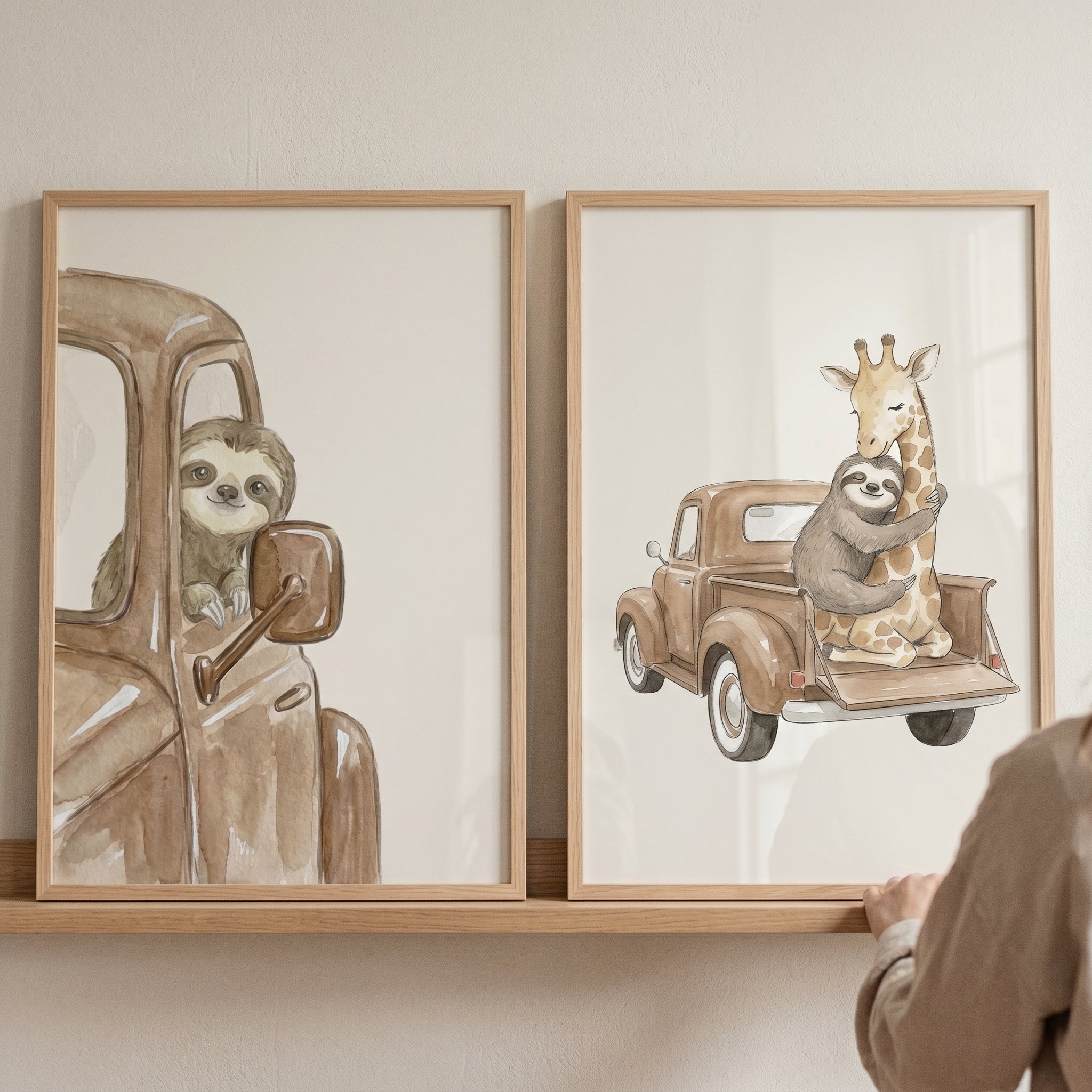Earthy Watercolor Truck Animals Wall Art Set of 2 - Sloth Road Trip