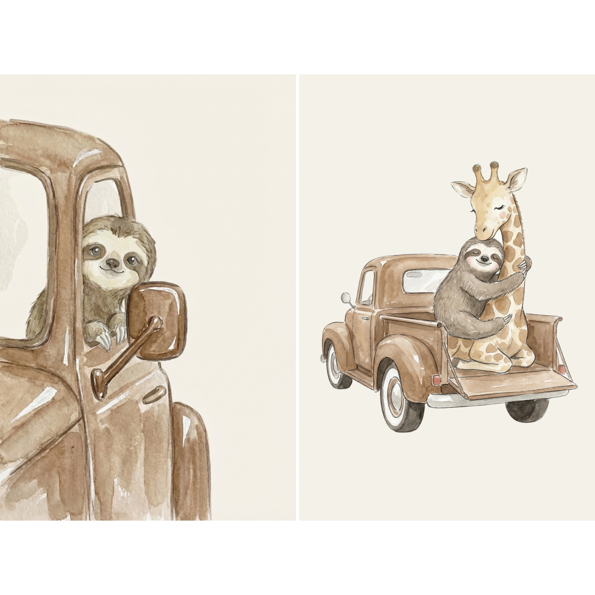 Earthy Watercolor Truck Animals Wall Art Set of 2 - Sloth Road Trip