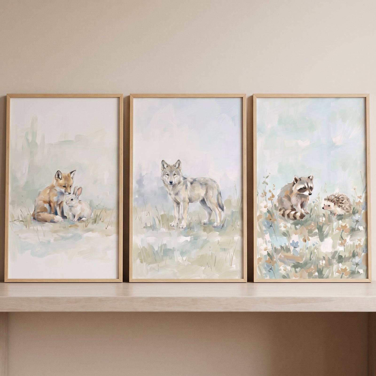 Earthy watercolor woodland animals wall art set of 3 with a fox, bunny, wolf, raccoon, and hedgehog in wood frames.