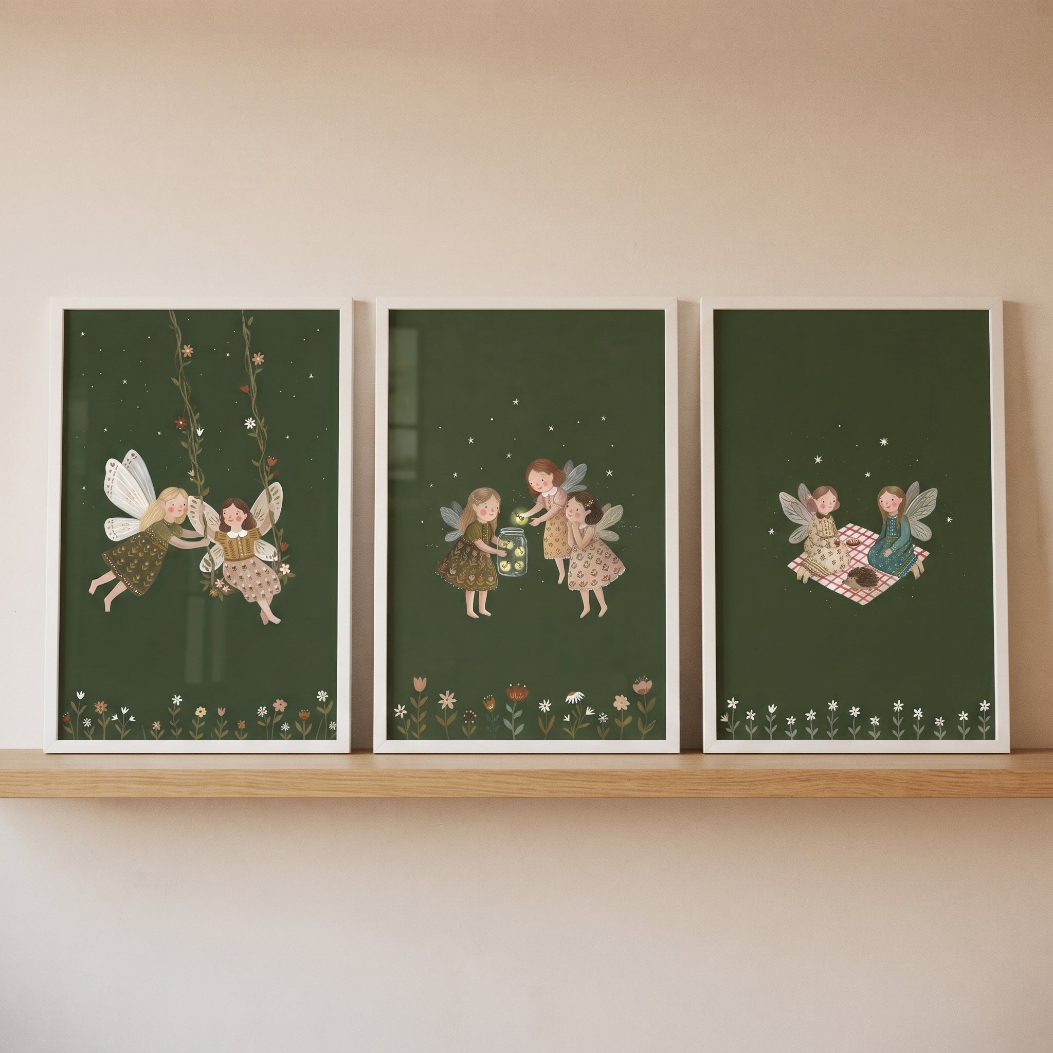 Earthy Whimsical Botanical Fairies Wall Art Set of 3 - Woodland Fairy Dreams