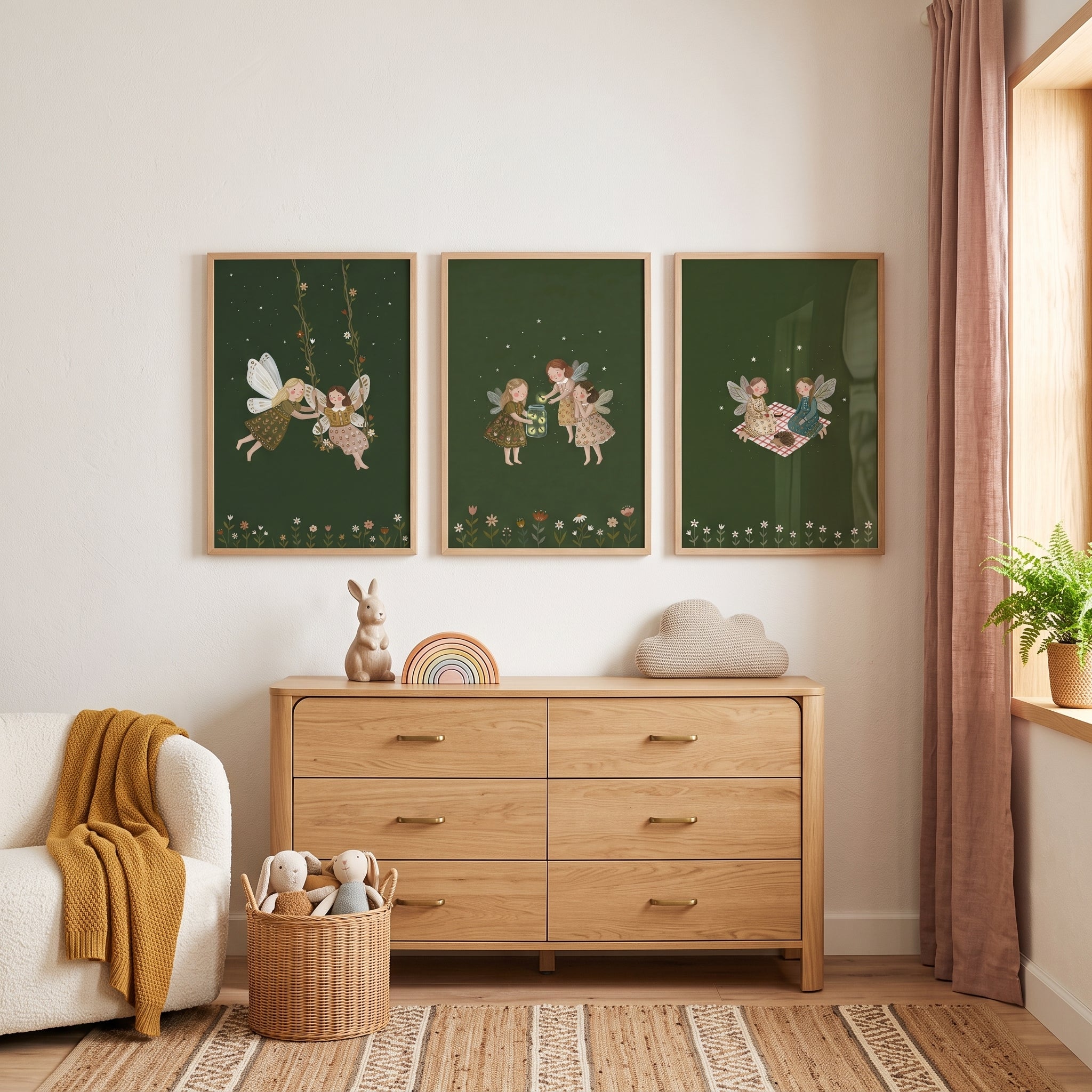 Earthy Whimsical Botanical Fairies Wall Art Set of 3 - Woodland Fairy Dreams